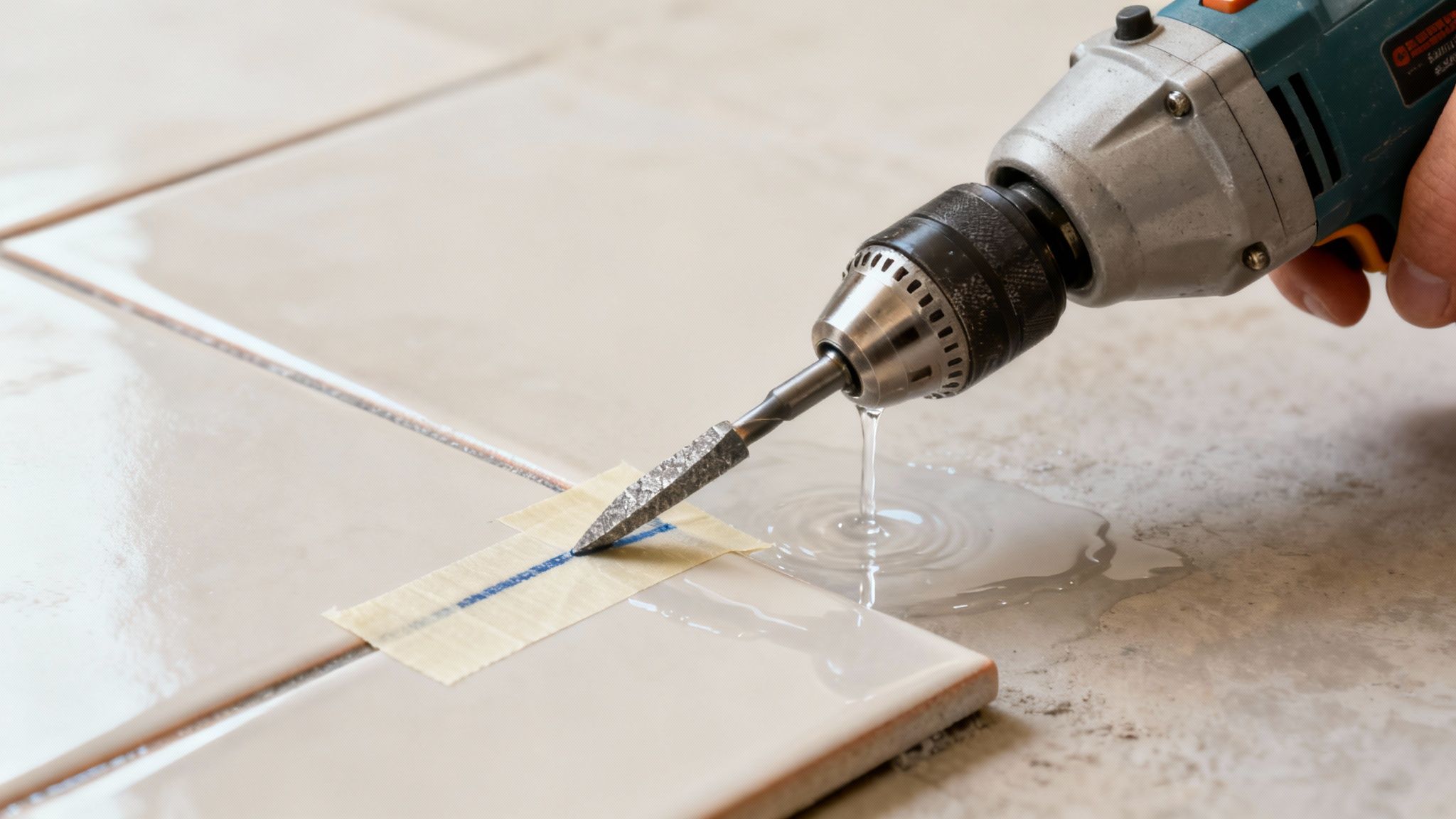 Person borer forsigtigt i en flise med en diamantboremaskine og vand til køling, hvilket sikrer præcision.