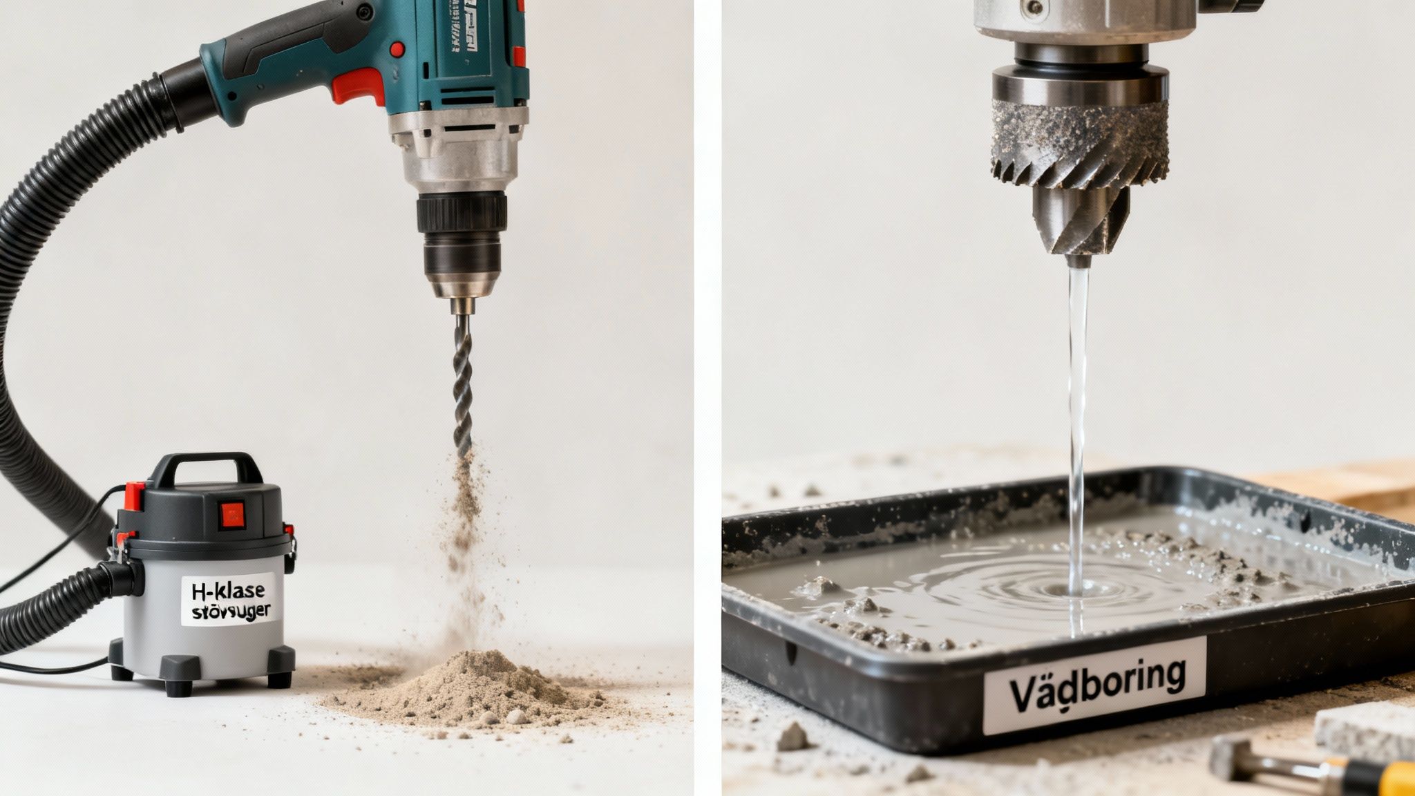 Billede af tørboring med støvopsamling via en H-klasse støvsuger og vådboring, der viser støvfri boremetoder.