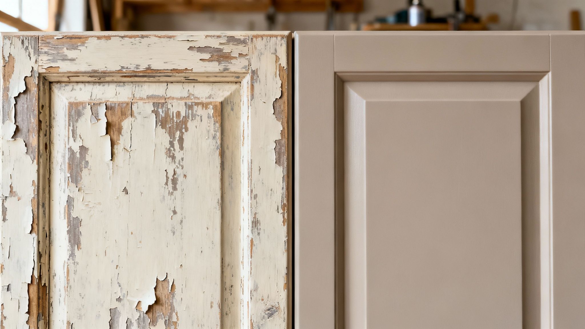 Billede der viser en slidt køkkenlåge med afskallet maling ved siden af en nyrenoveret, glatmalet låge.