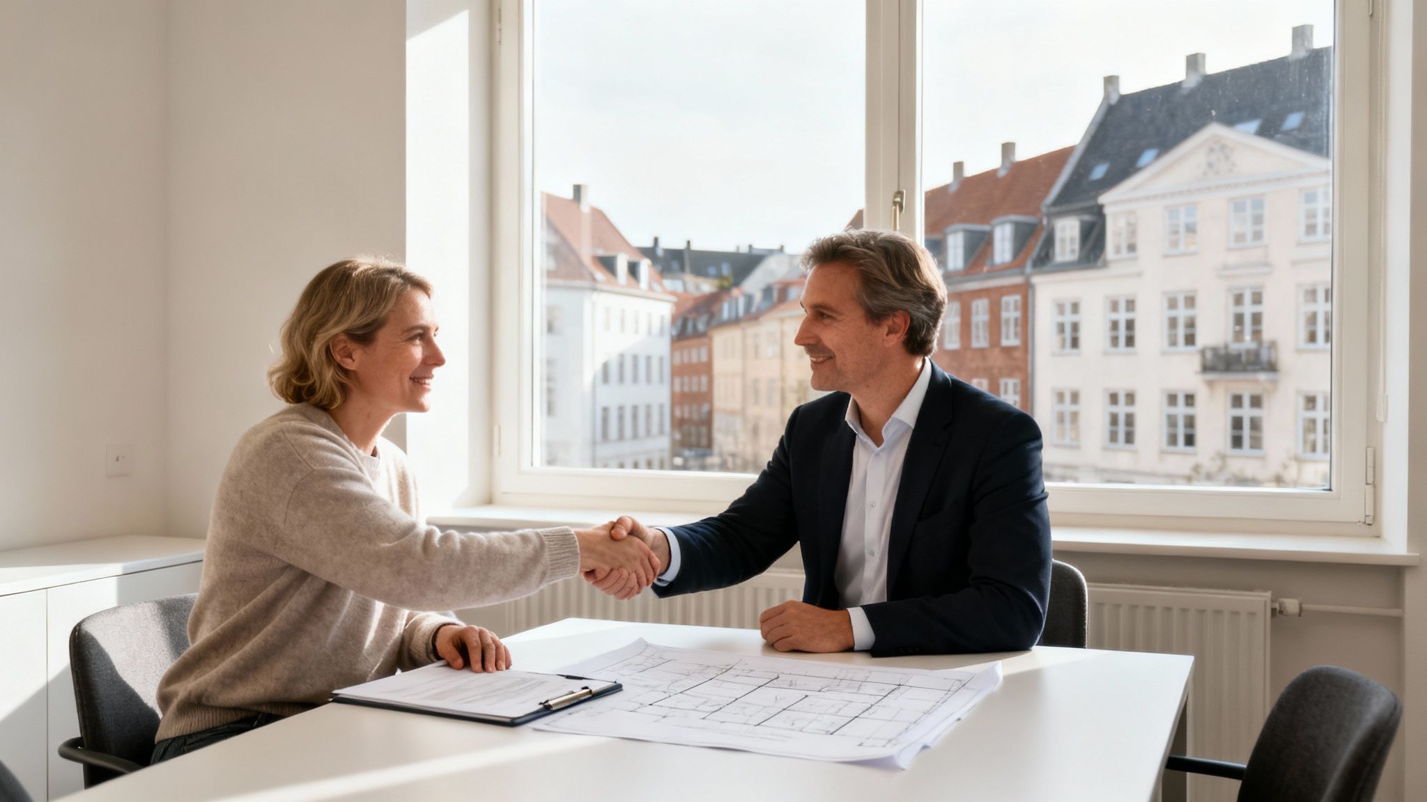 To forretningsfolk giver hånd ved et bord med byggeplaner for en lejlighedsrenovering.