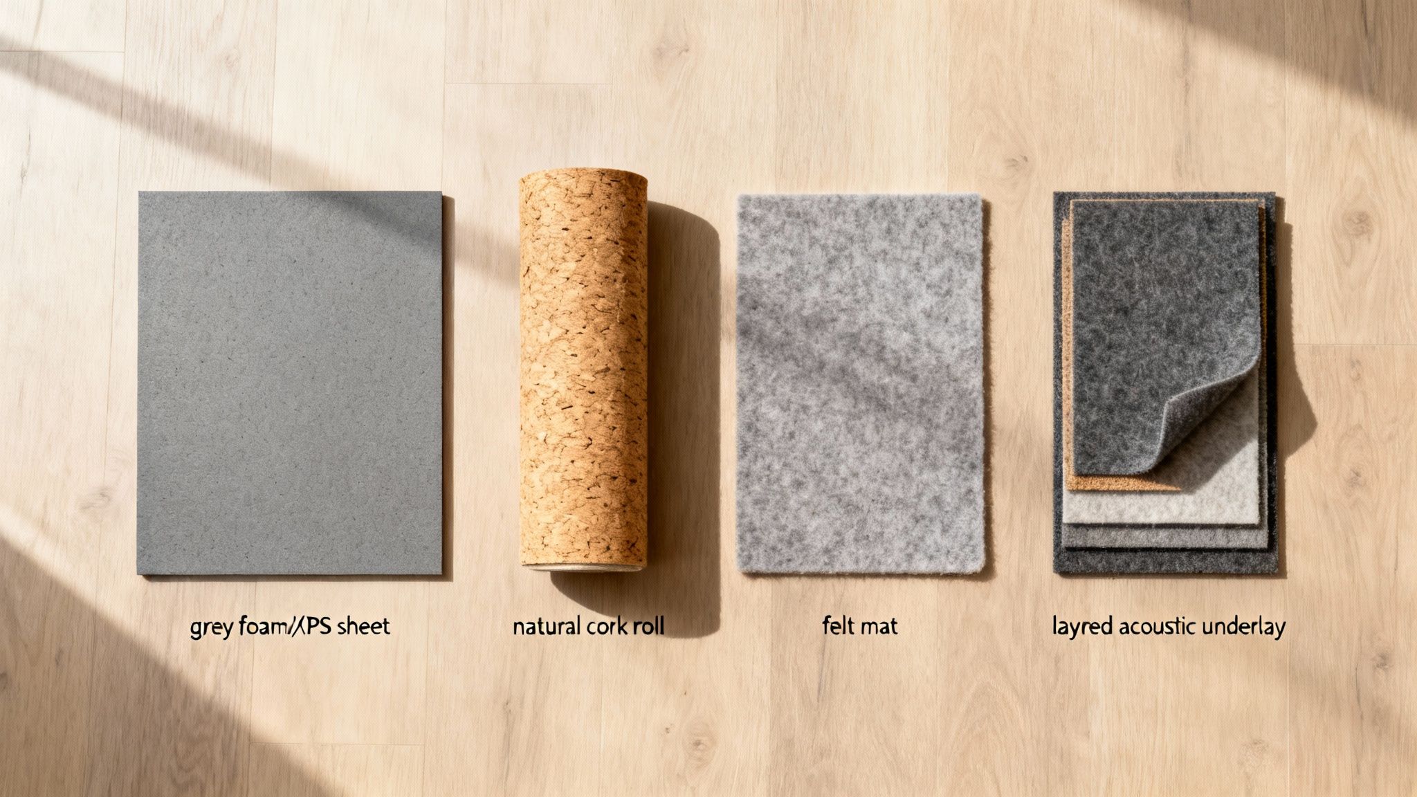 Forskellige typer underlag til klikgulv vist frem på et trægulv.