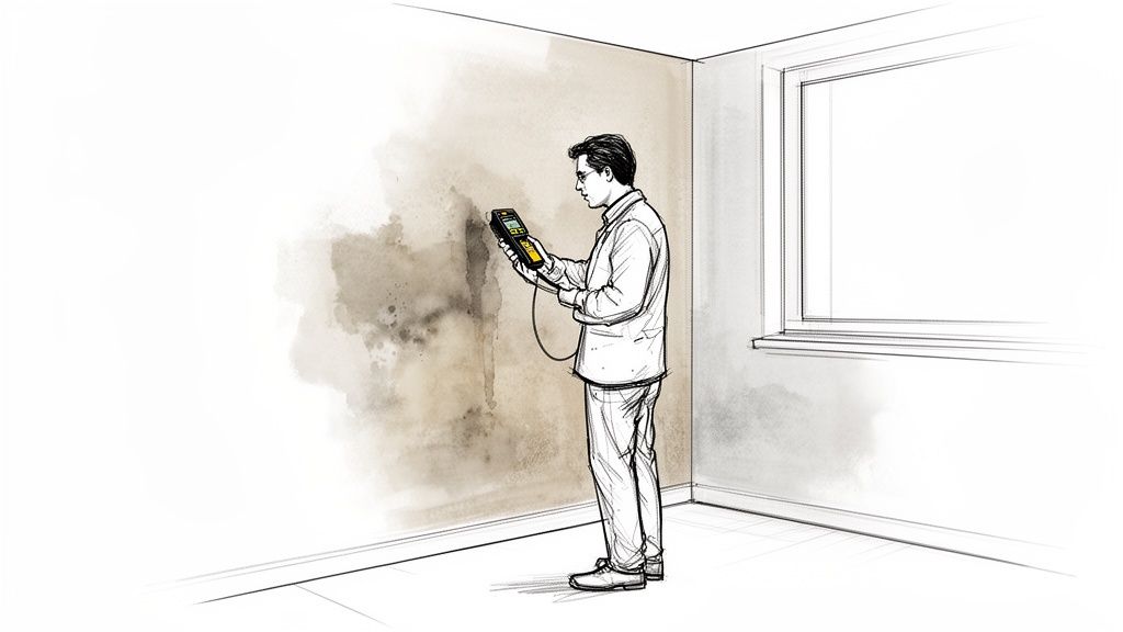 En mand måler fugt i en væg med et håndholdt apparat for at tjekke for skimmelsvamp.