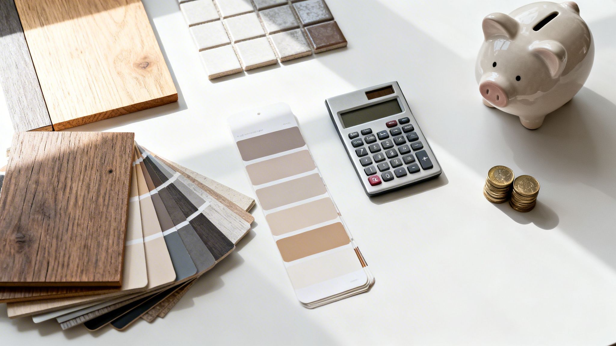 Viser materialer til boligrenovering: træprøver, farveprøver, fliser, en lommeregner og sparegris til budgettering.