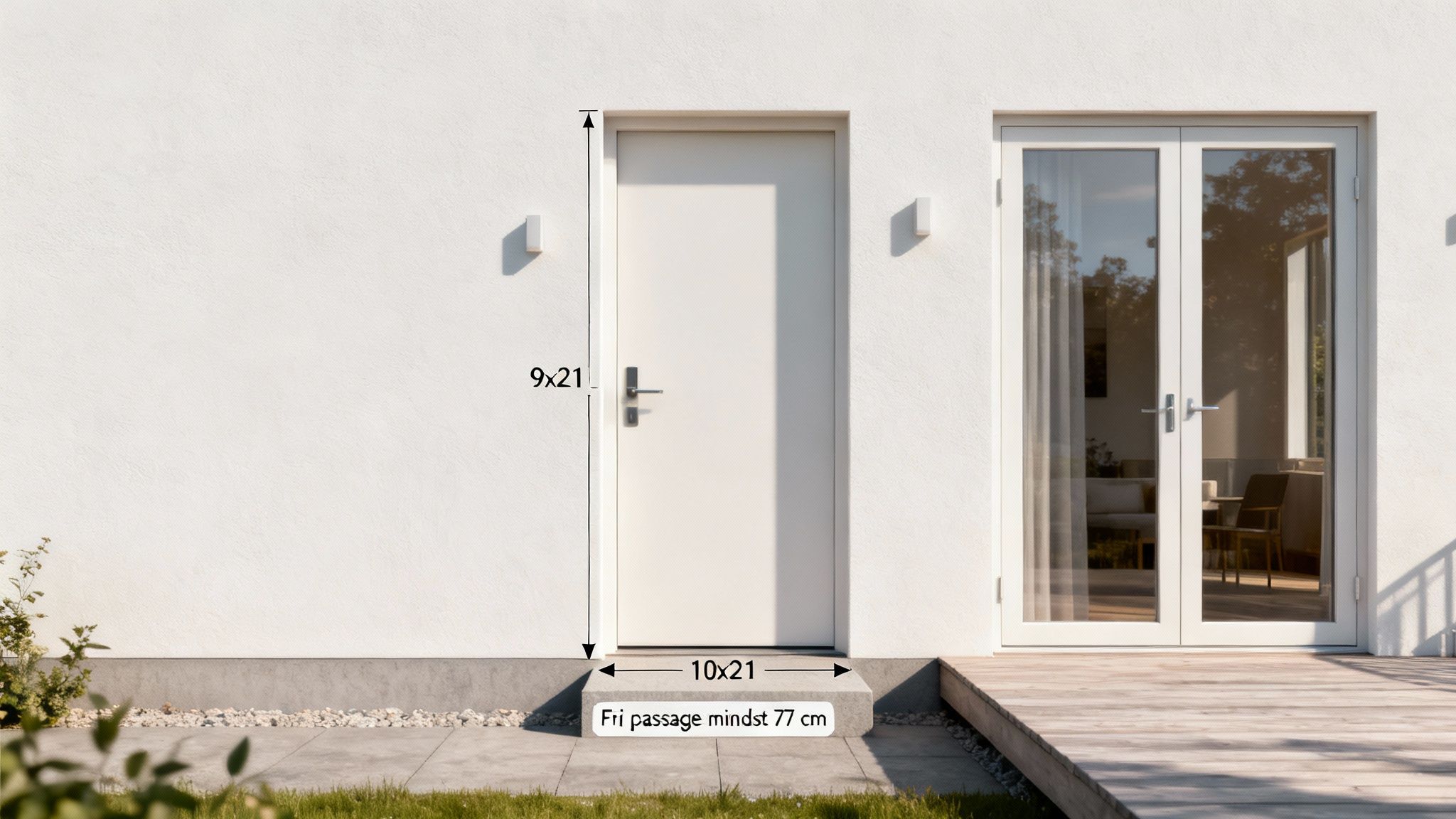 Hvid husmur med en hvid dør og terrassedøre. Mål for dør og fri passage er angivet.