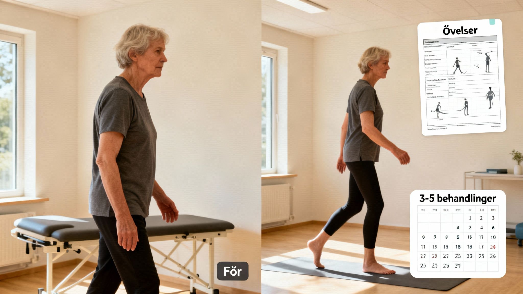 En ældre kvinde viser gangøvelser, der illustrerer kropsholdningsforbedring, med en øvelsesplan og behandlingskalender.