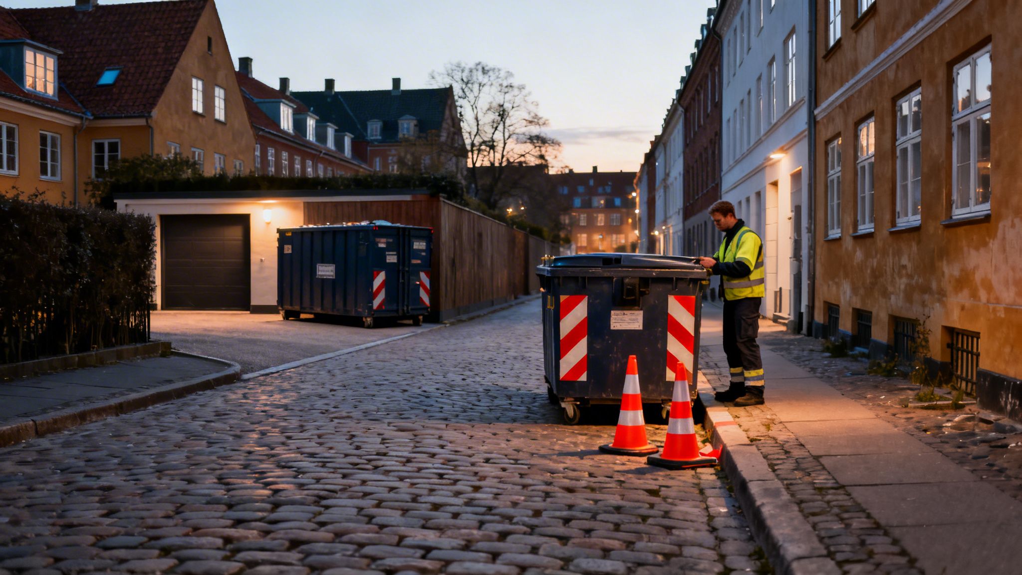 En mand i refleksvest står ved en stor blå affaldscontainer på en brostensbelagt gade i skumringen.