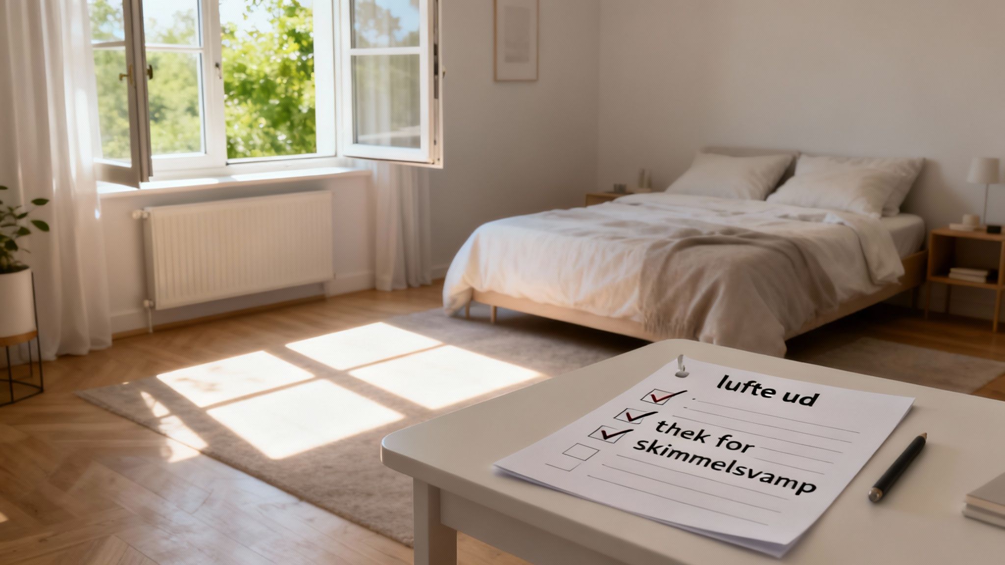 Et lyst soveværelse med åbent vindue, sollys på gulvet og en tjekliste om udluftning og skimmelsvamp.