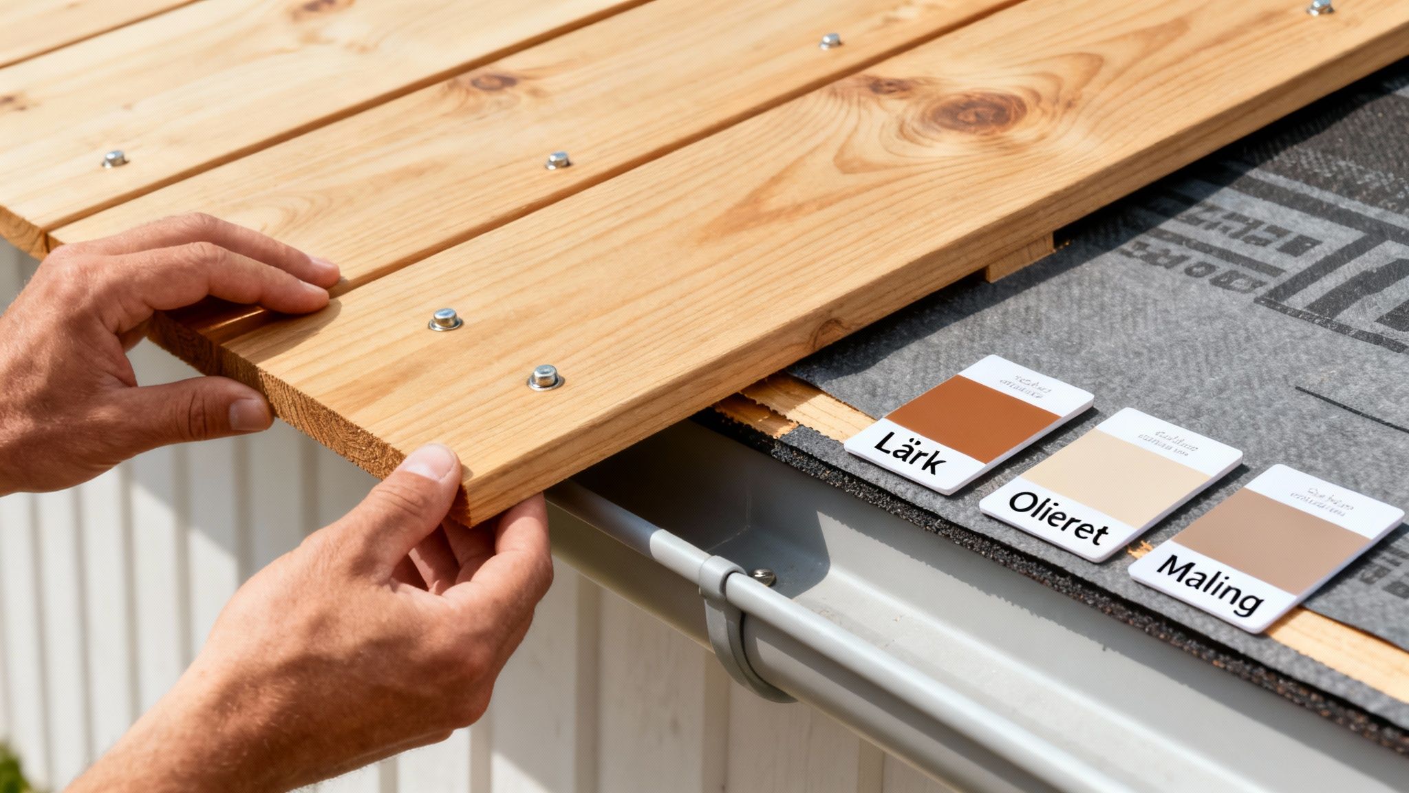En person monterer træbrædder på en konstruktion. Tre farveprøver med 'Lärk', 'Olieret' og 'Maling' ligger ved siden af.