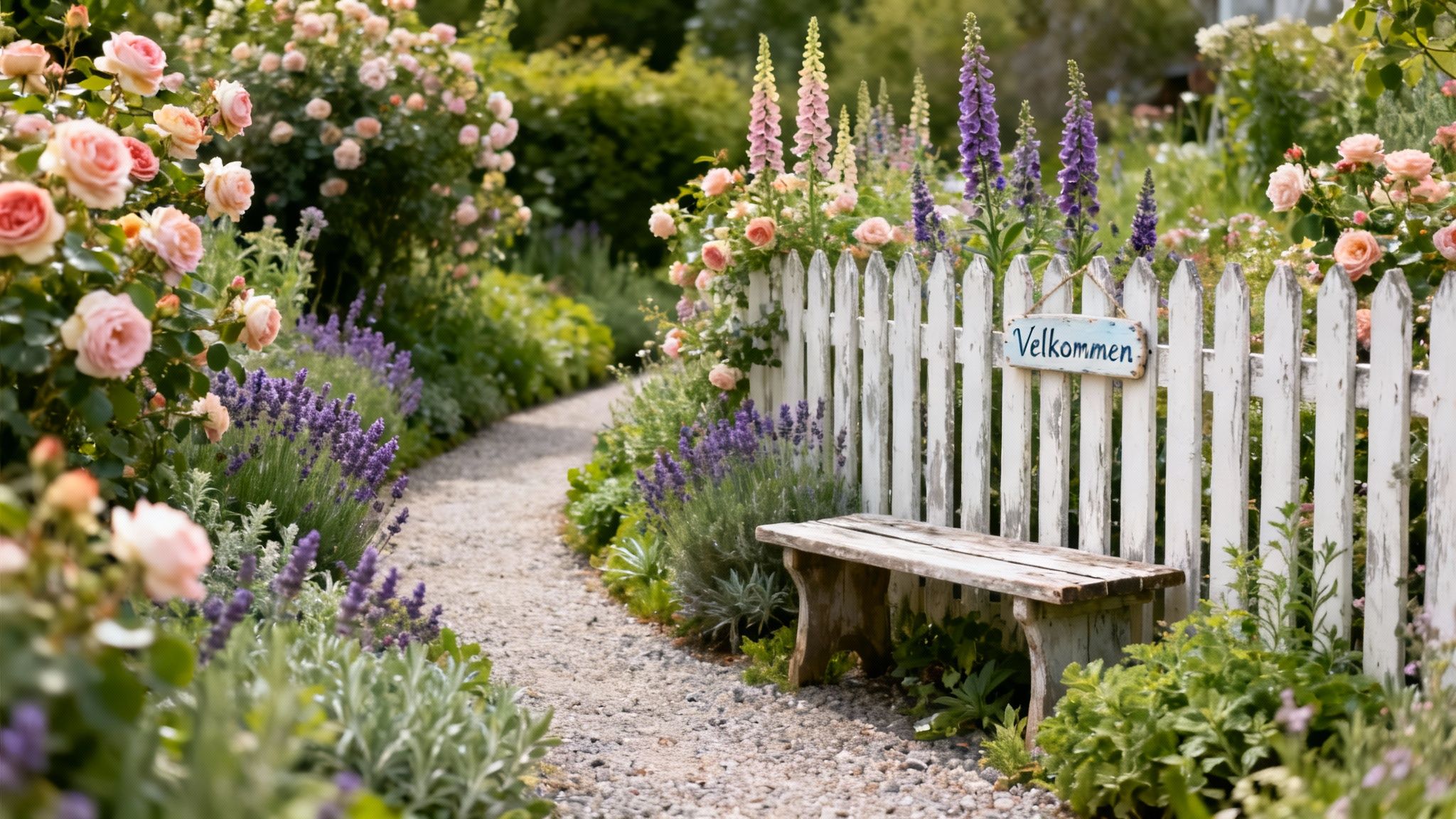 En idyllisk have med grussti, lyserøde roser, lilla lavendel, hvidt stakit og et 'Velkommen' skilt ved en bænk.