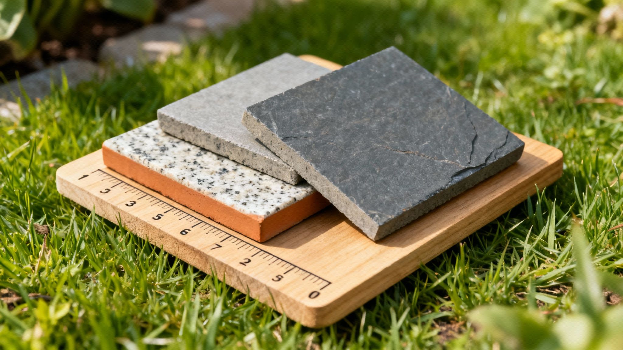 Nærbillede af fliseprøver i forskellige farver og teksturer på et træbræt i græsset.