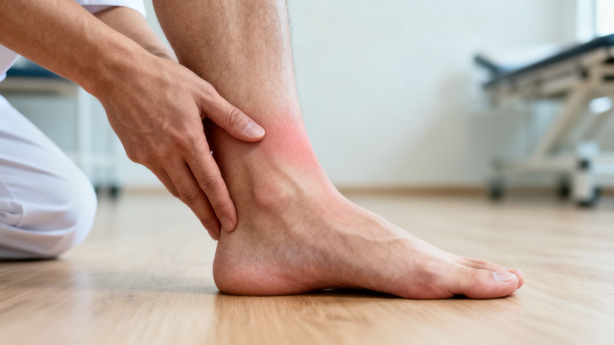 Sundhedspersonale undersøger en patients betændte ankel, der viser tydelig rødme og hævelse.