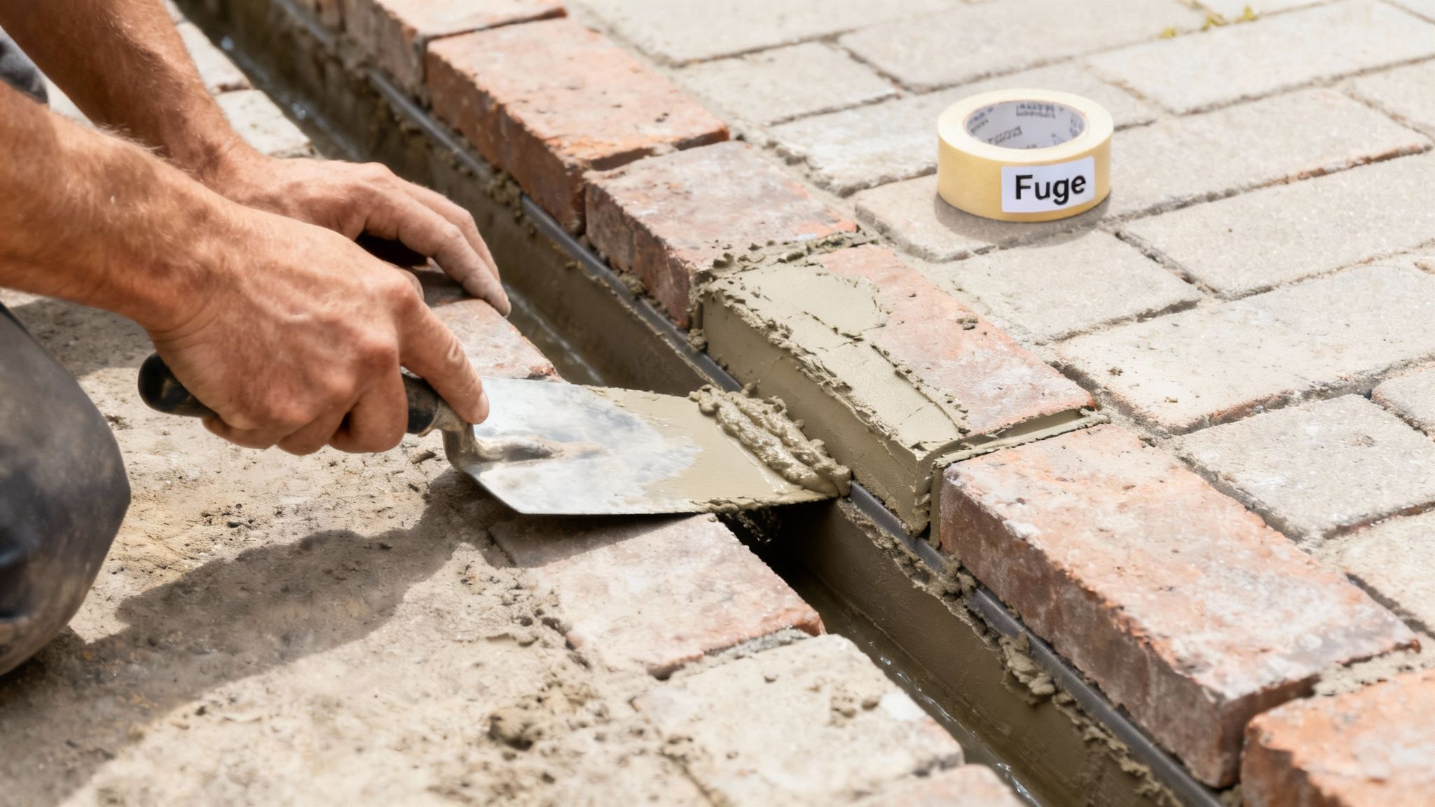 En håndværker lægger fuge mellem mursten med en murske ved en drænkanal.