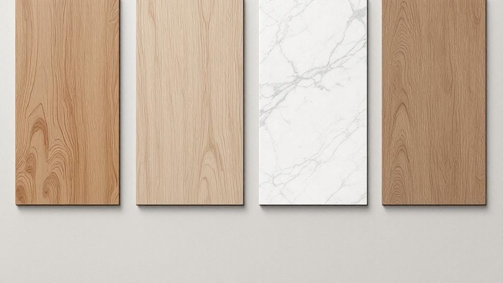 En person der kigger på forskellige gulvprøver.