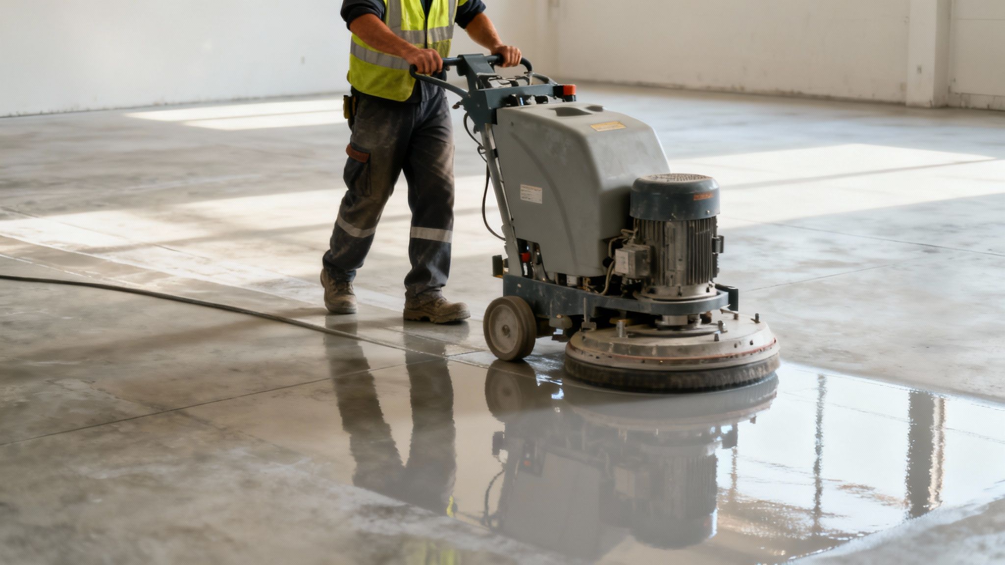 Arbejder polerer betongulv med professionel slibemaskin i industrielt rum med reflekterende overflade