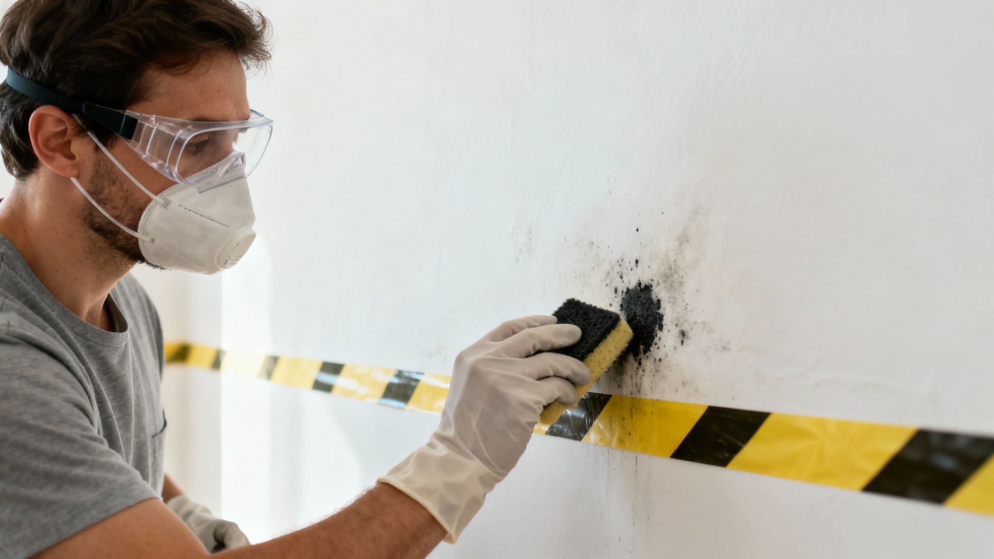 En person i beskyttelsesdragt renser en væg for skimmelsvamp