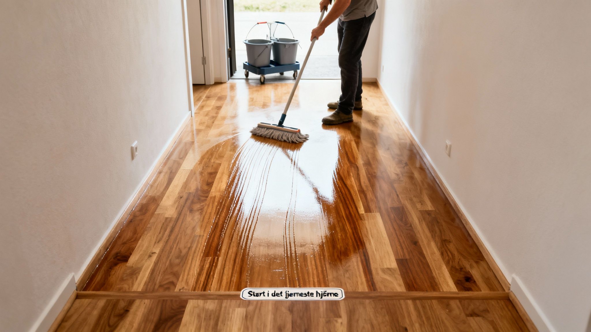 Professionel rengøring af et lakeret trægulv med moppe og spandevogn i en gang.