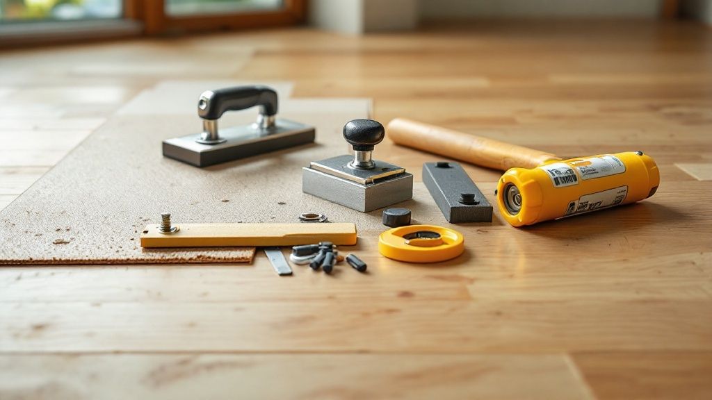 En tømrer forbereder undergulvet omhyggeligt før gulvlægning