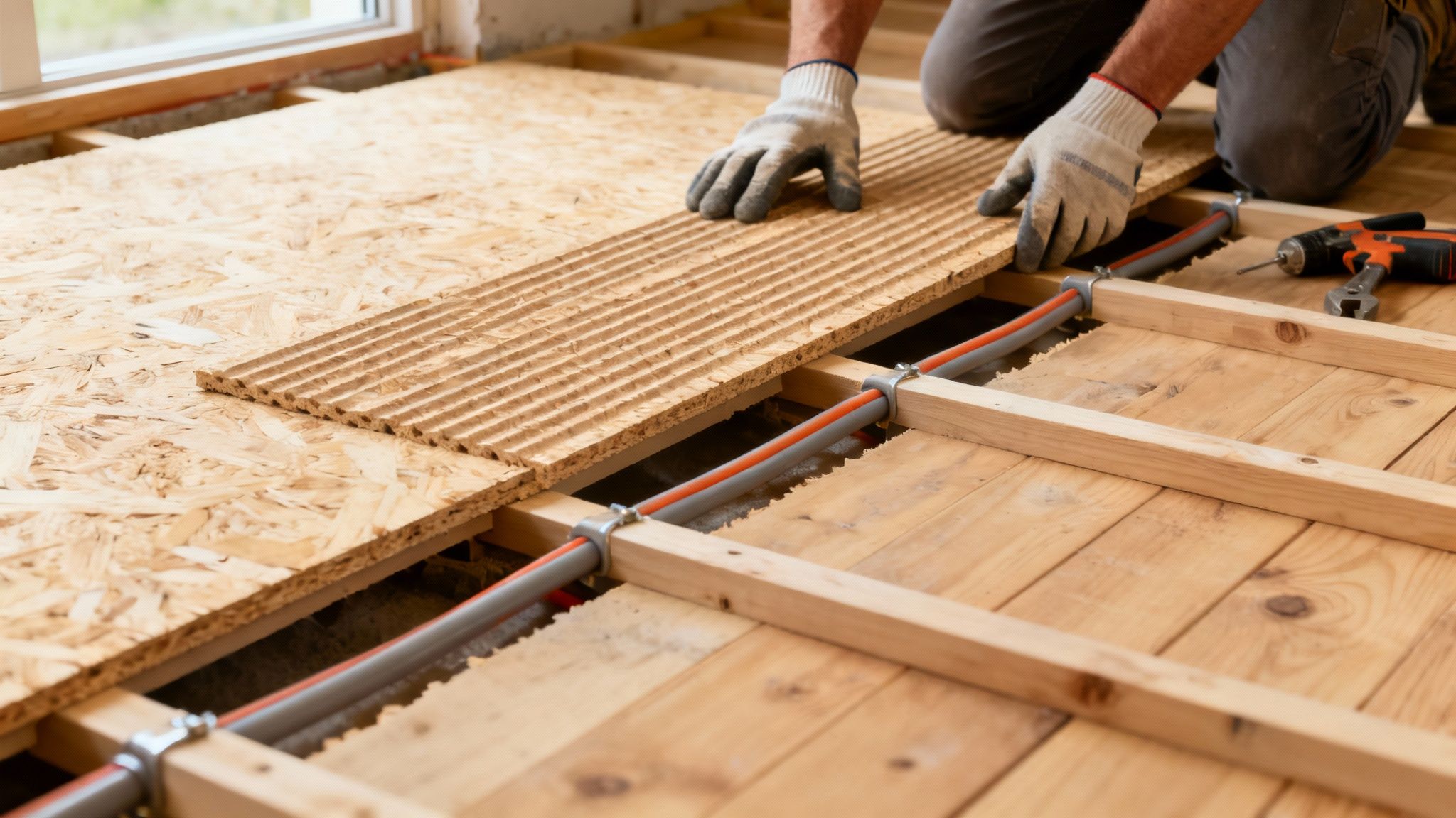 Hænder i handsker lægger spånplader over gulvvarmerør i en gulvkonstruktion.