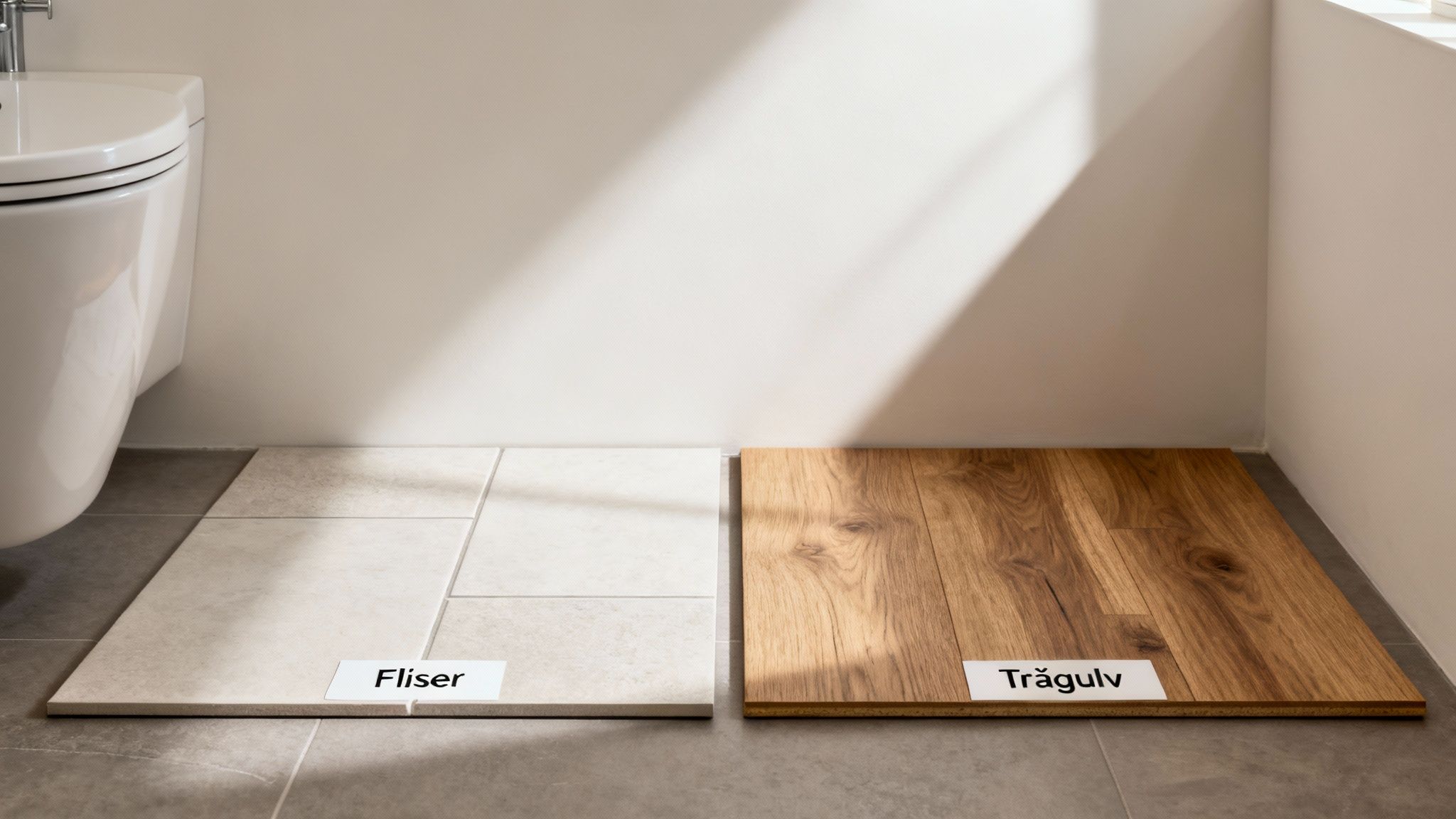 To gulvprøver, fliser og trægulv, ligger på et badeværelsesgulv ved siden af et toilet.