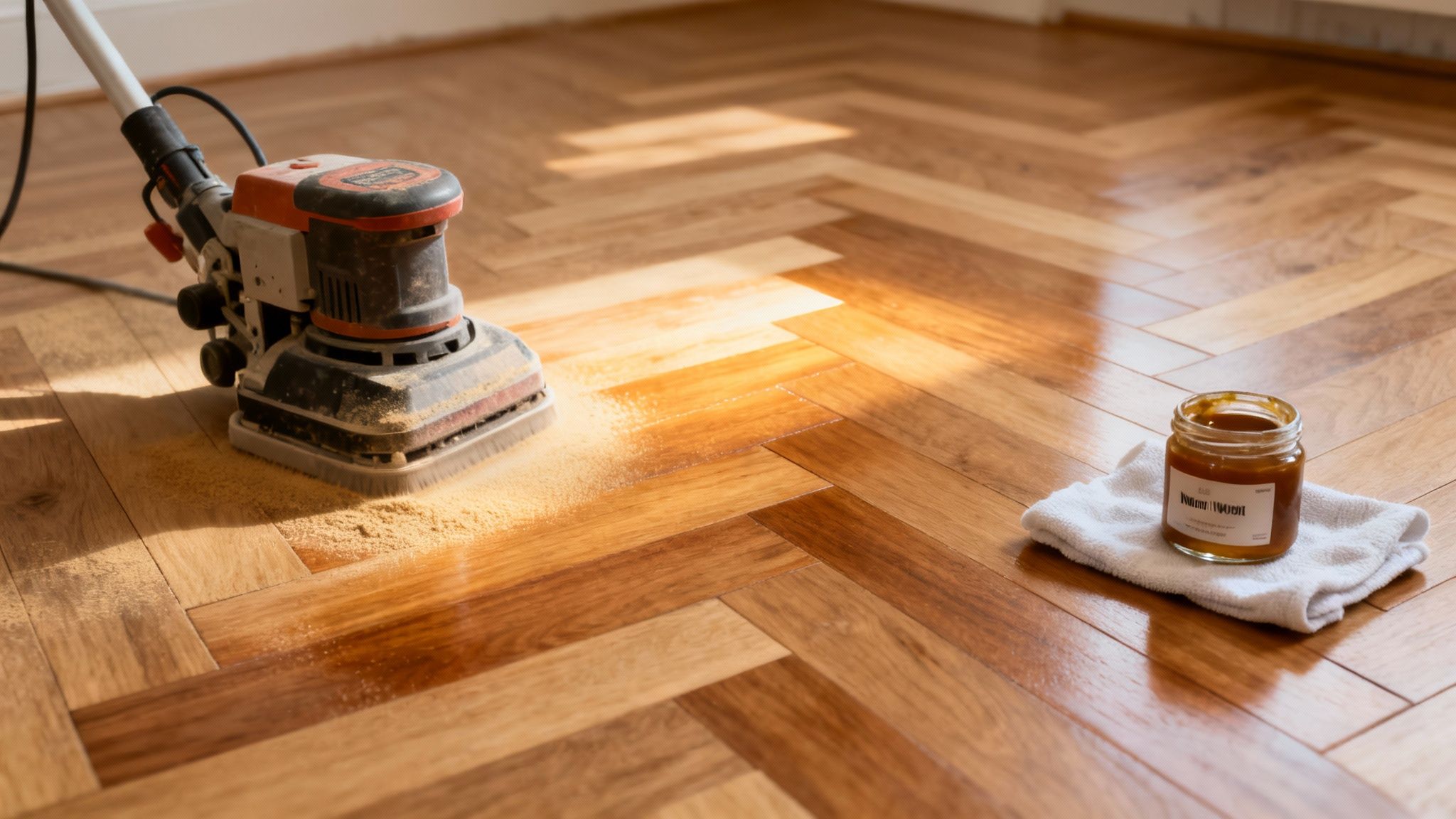 Gulvsliber i gang med at slibe et sildebensparketgulv. En krukke med træolie står på en klud ved siden af.