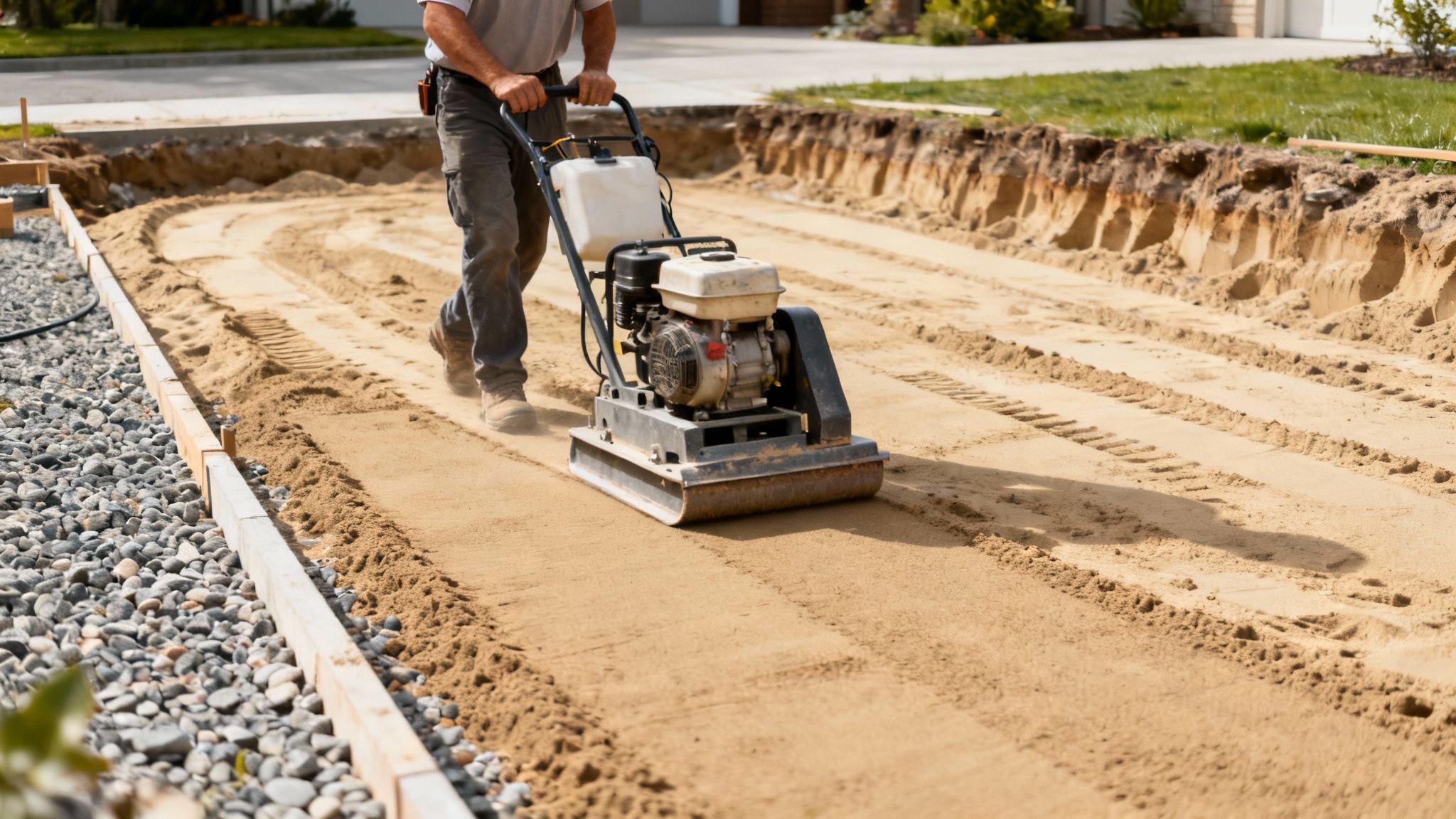 En person bruger en pladevibrator til at komprimere stabilgrus i en udgravning til en indkørsel