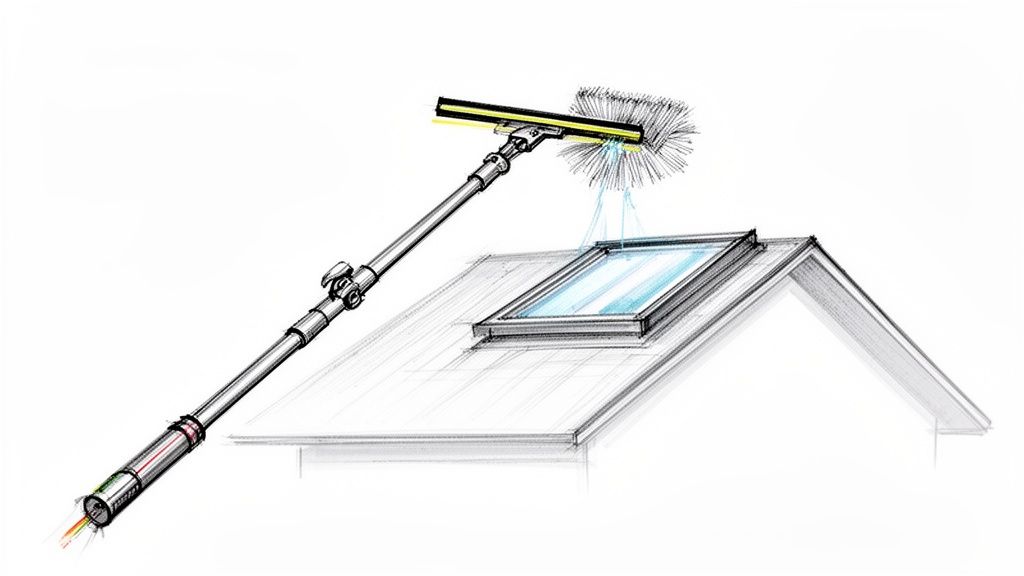Illustration af en vinduespudserstang med børste og vand, der rengør et tagvindue.
