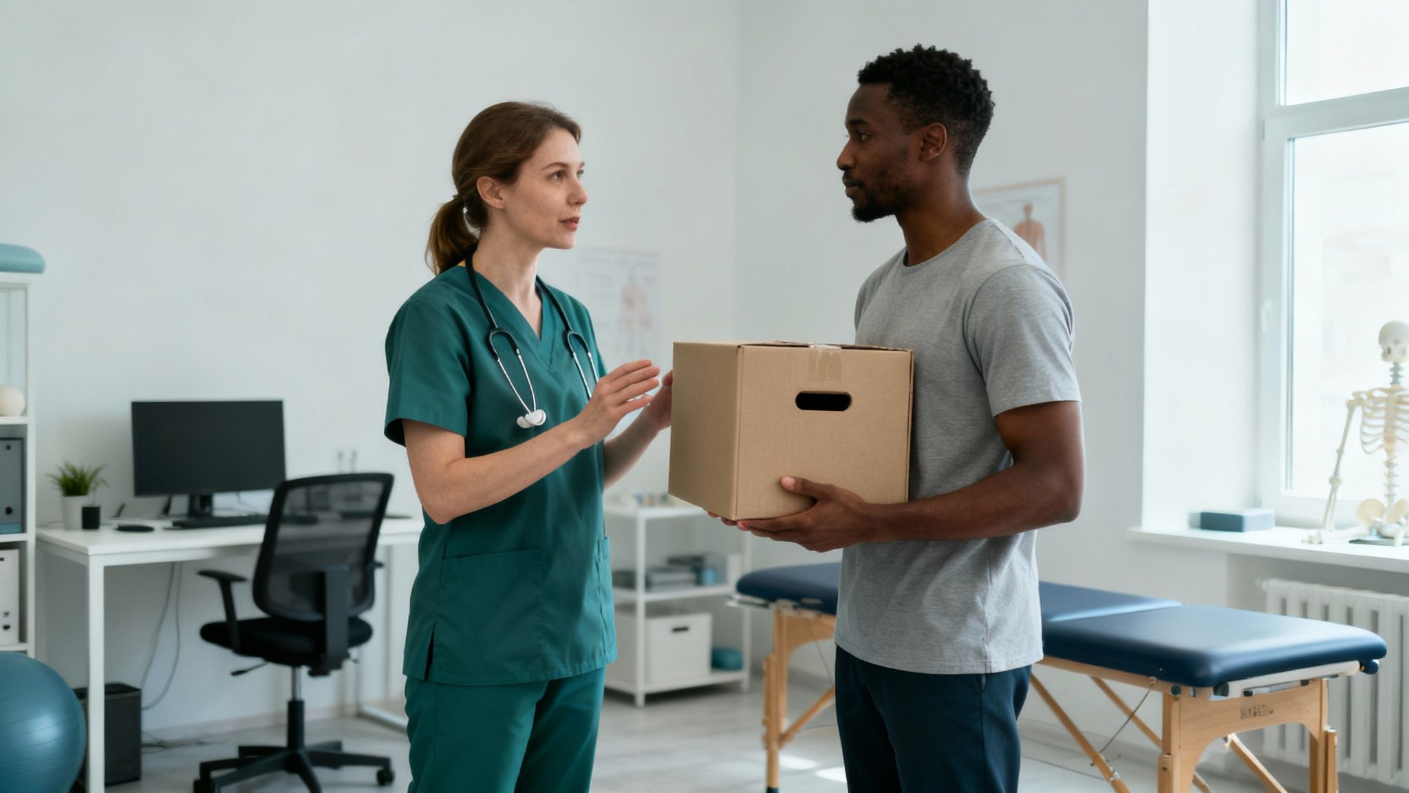 En kvindelig sygeplejerske taler med en mandlig patient, der holder en papkasse, på en klinik.