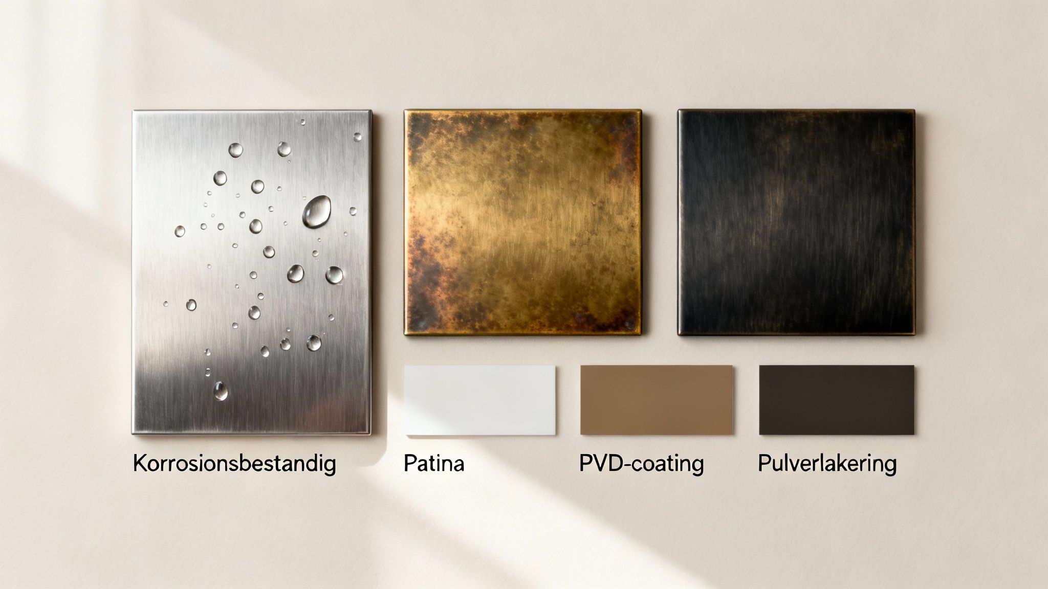 Tre metalprøver viser forskellige overfladebehandlinger: korrosionsbestandig med vanddråber, patina, PVD-coating og pulverlakering med farveprøver.