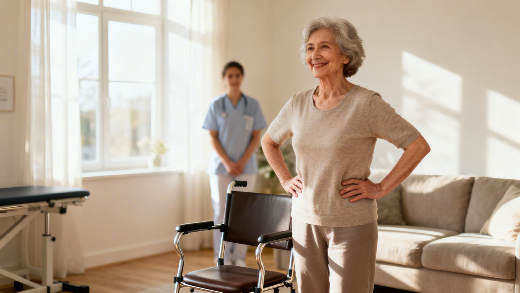 Ældre kvinde smiler og står oprejst, med en sygeplejerske og kørestol i en lys stue.