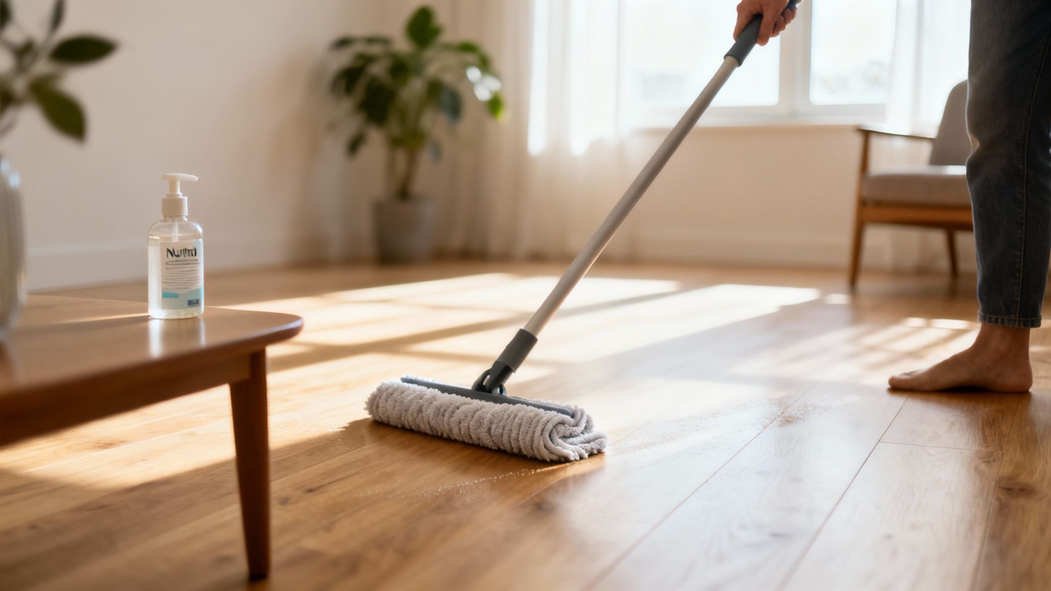En person rengør et lyst trægulv med en moppe i et solrigt rum. En flaske rengøringsmiddel står på bordet.