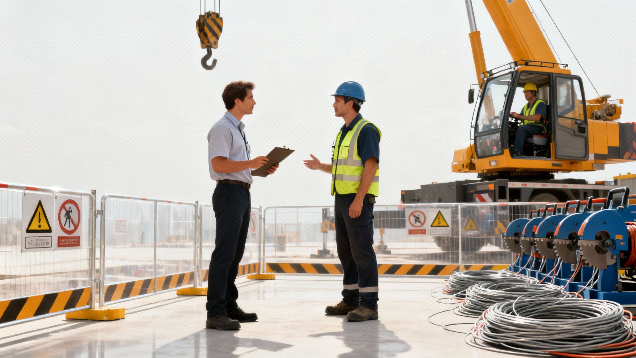 To byggearbejdere i sikkerhedstøj diskuterer planlægning på en byggeplads med kran og sikkerhedshegn.