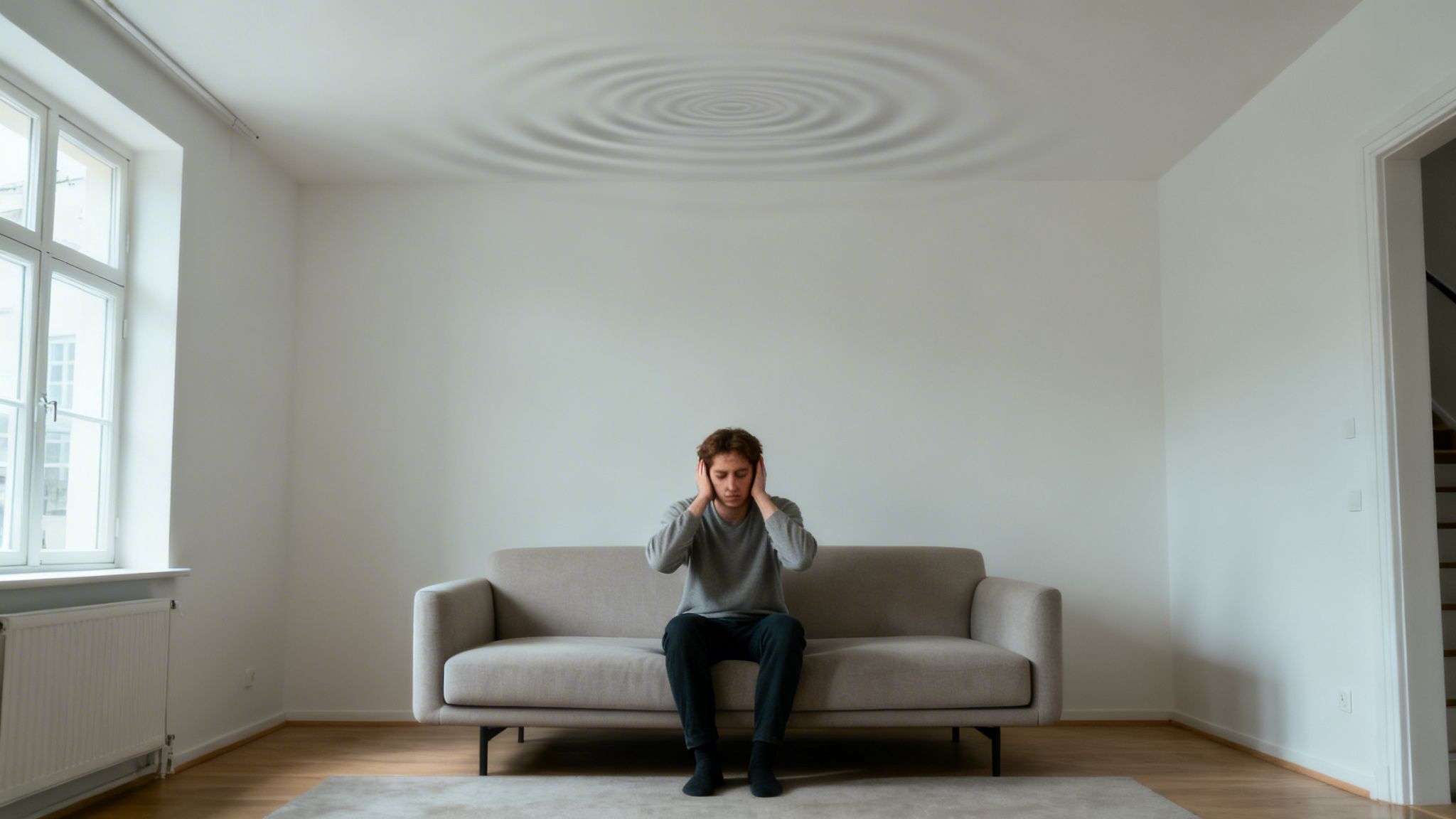 En mand sidder på en sofa og dækker ørerne, mens lydbølger spreder sig fra loftet.