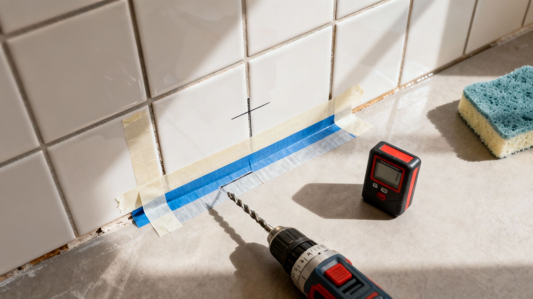 Boremaskine og afdækningstape klar til at bore et præcist hul i hvide køkkenfliser.