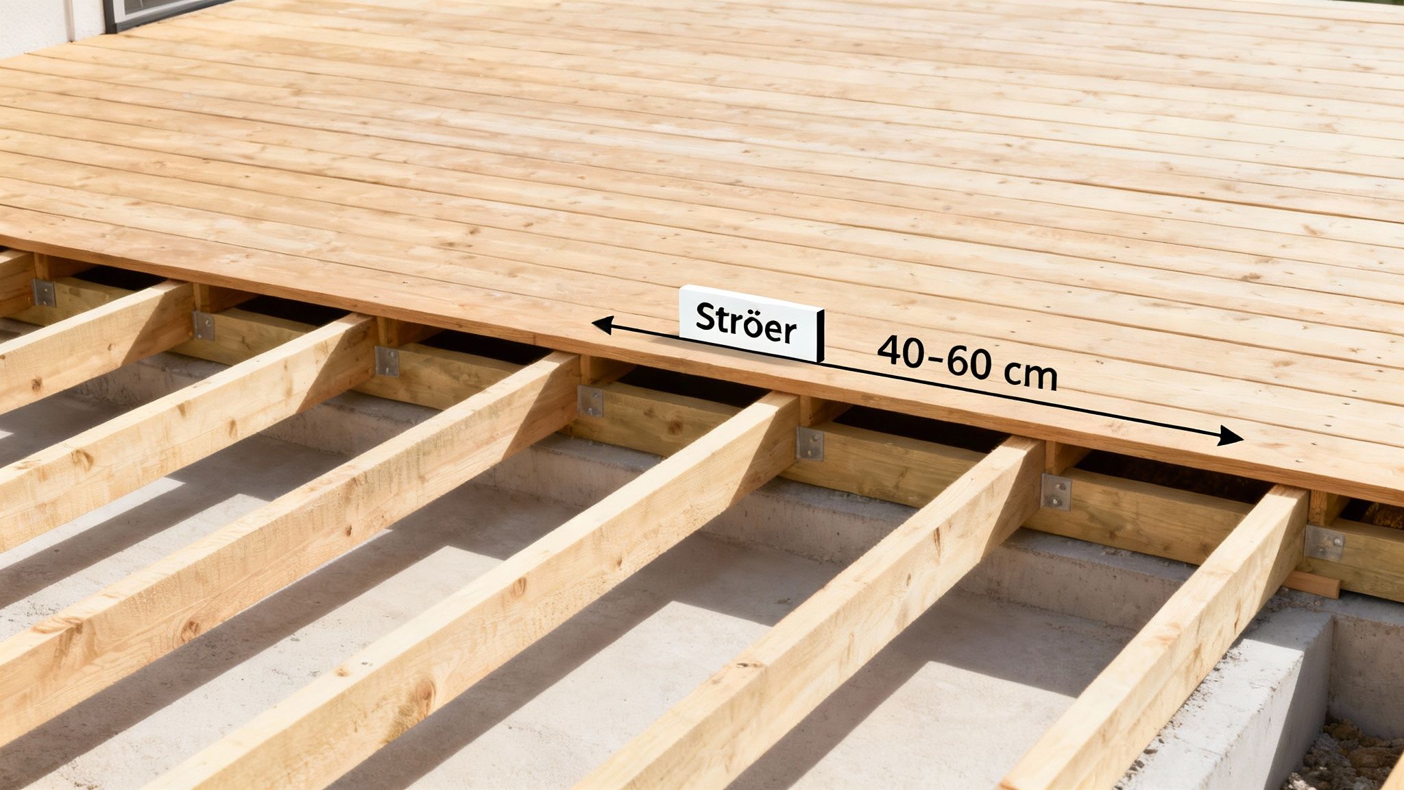 Delvist bygget træterrasse viser terrassebrædder og underliggende strøer med en afstand på 40-60 cm.