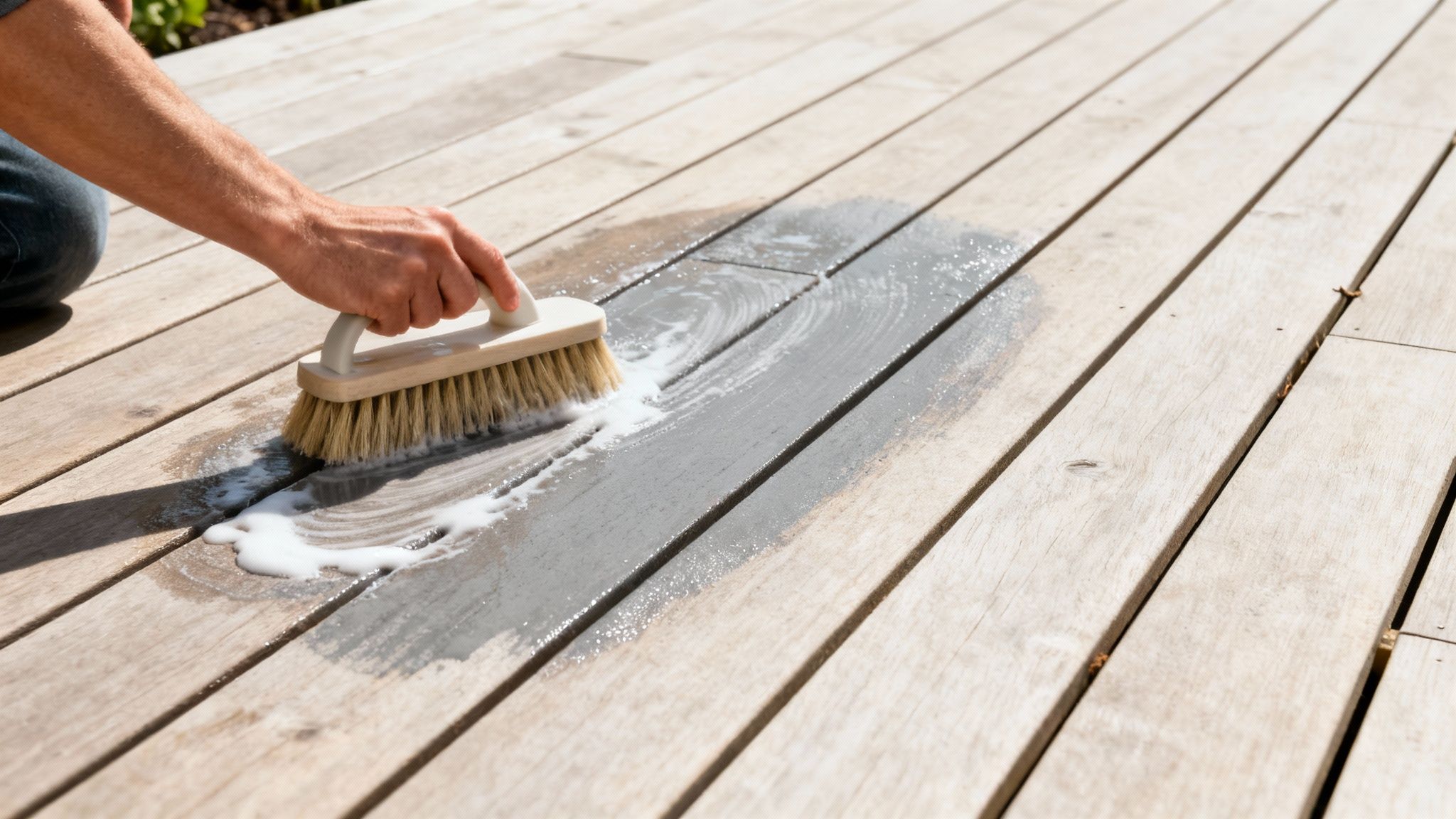 En person renser en træterrasse med en børste og vand