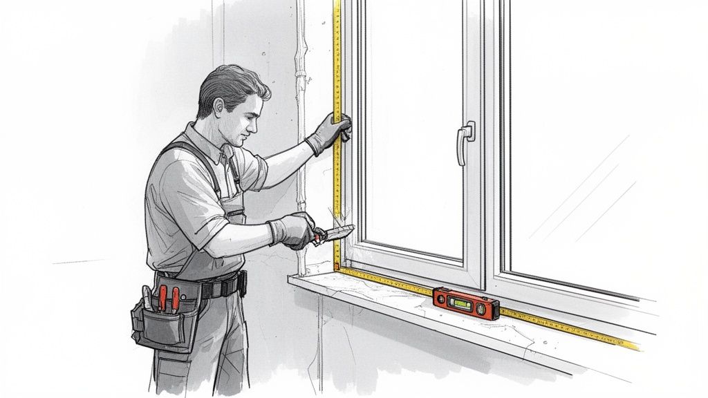 En mand måler et vindue med et målebånd og et vaterpas, klar til installation eller reparation.