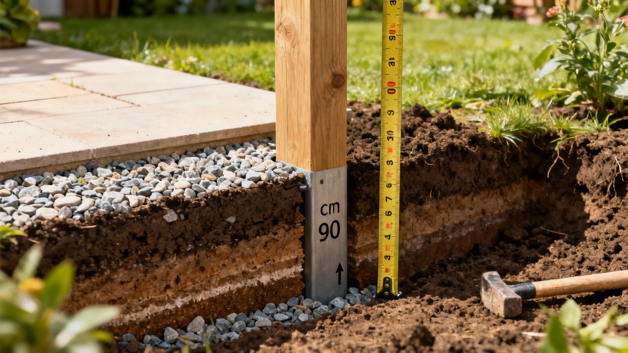 En tømrer, der markerer placeringen for fundamentstolper til en ny træterrasse.