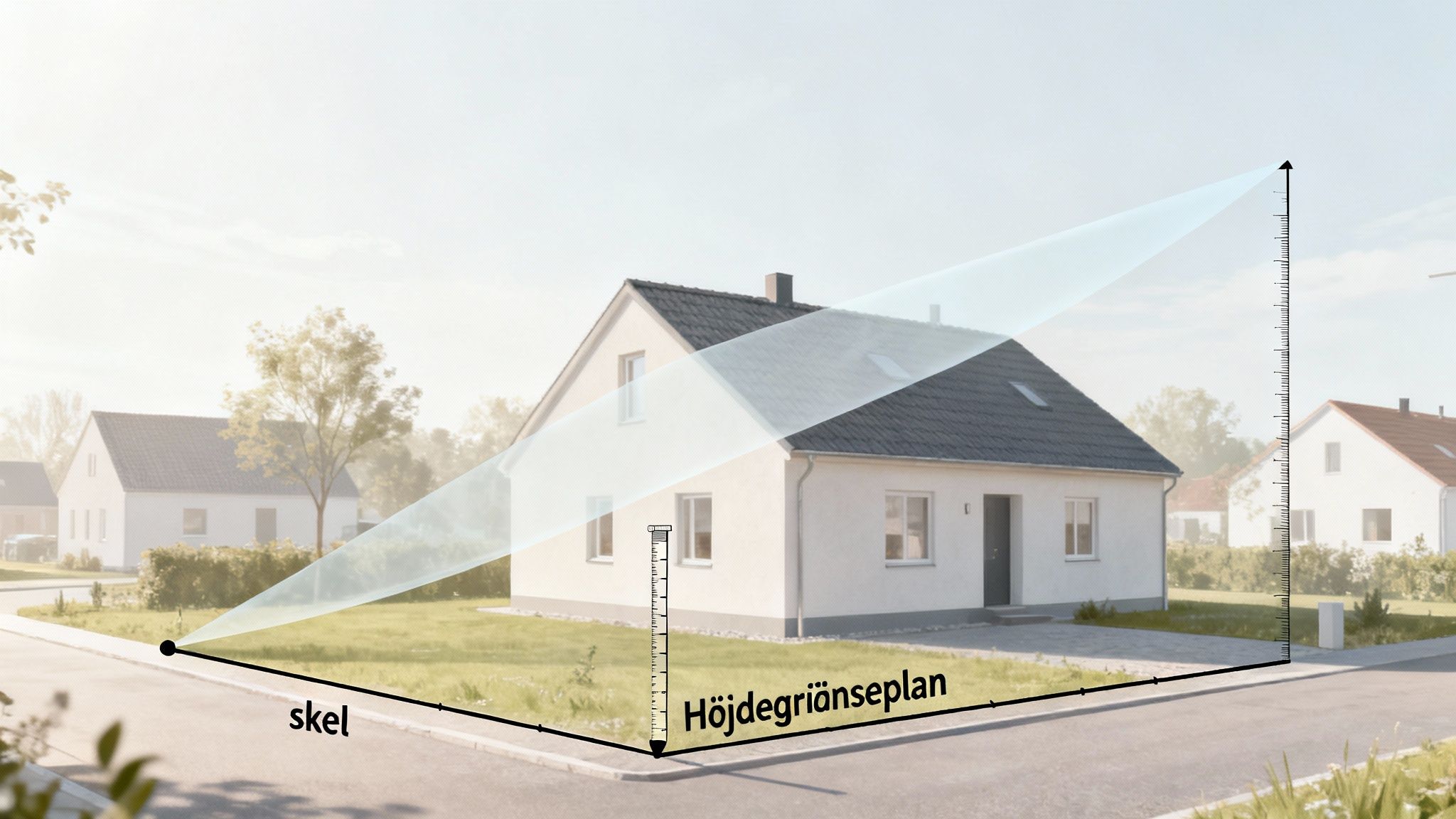 Illustration af højdegrænseplan for byggeri ved skel, med hus og målestok.