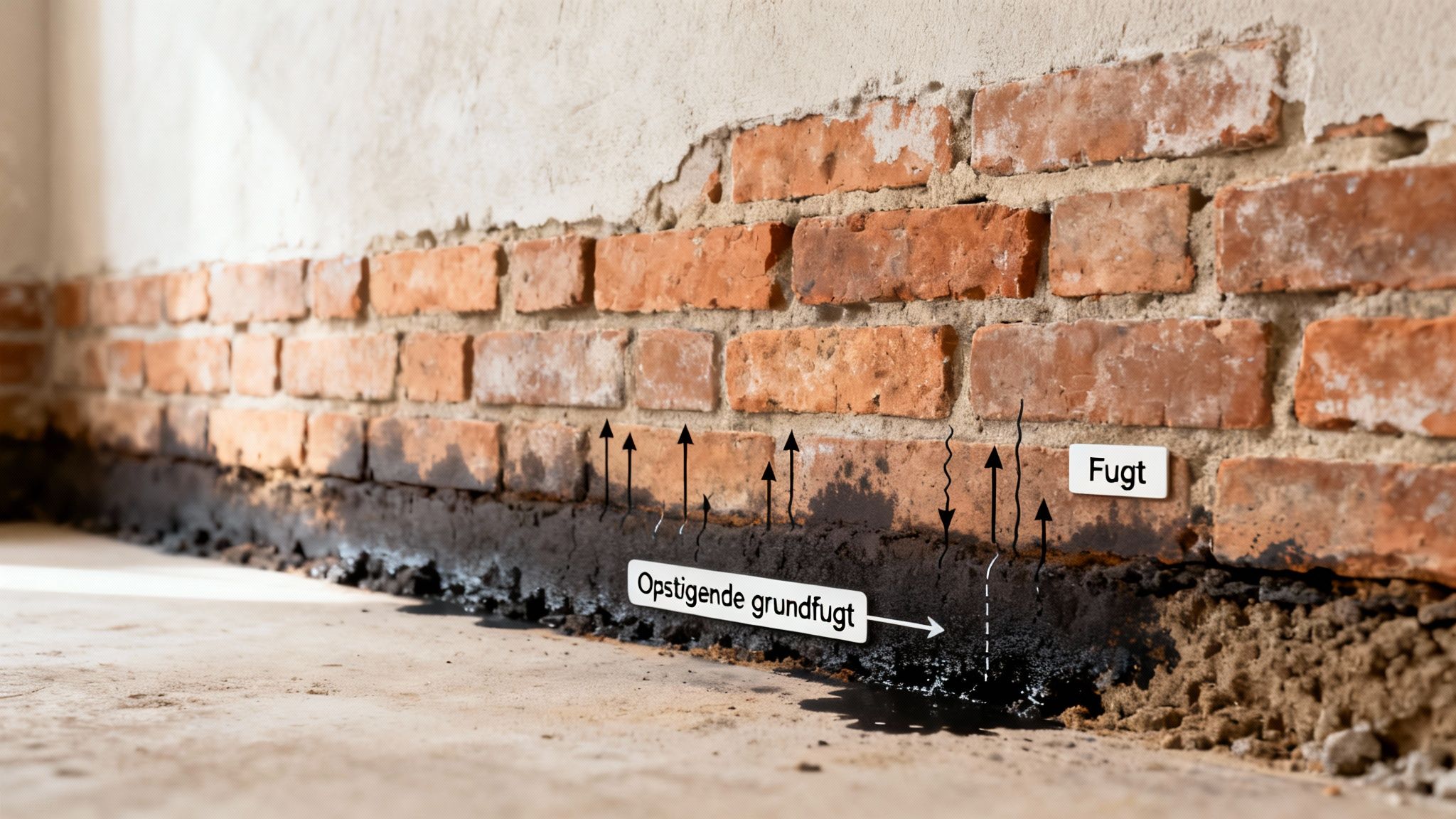 Detaljeret visning af indvendig fugtsikring af en kældervæg mod opstigende grundfugt.