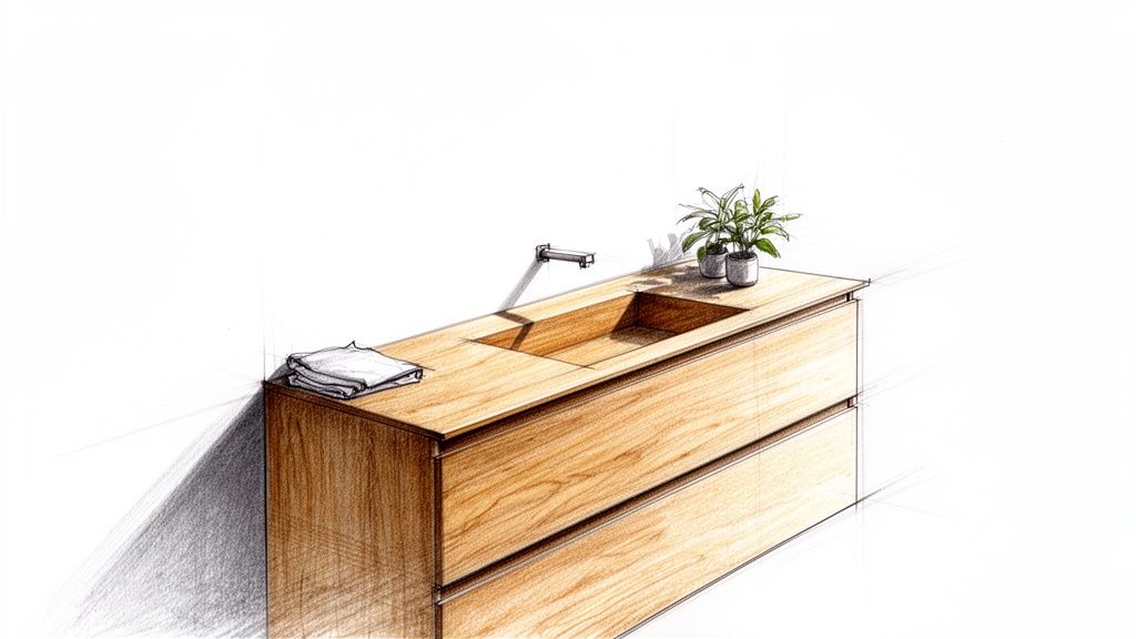 Træbadeværelsesmøbel med integreret vask, vandhane, et foldet håndklæde og grønne planter.