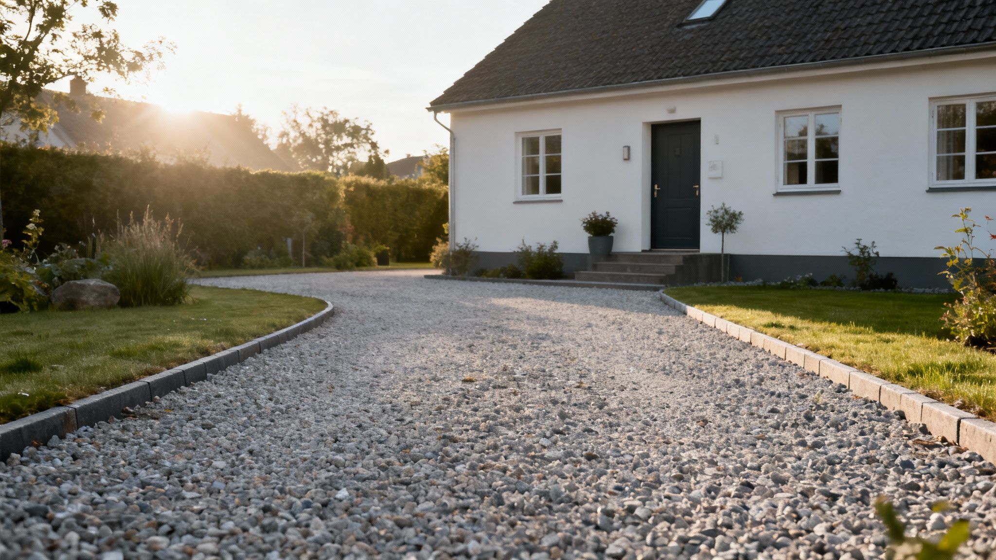 Solnedgang over en hyggelig hvid villa med grusindkørsel og grøn have.