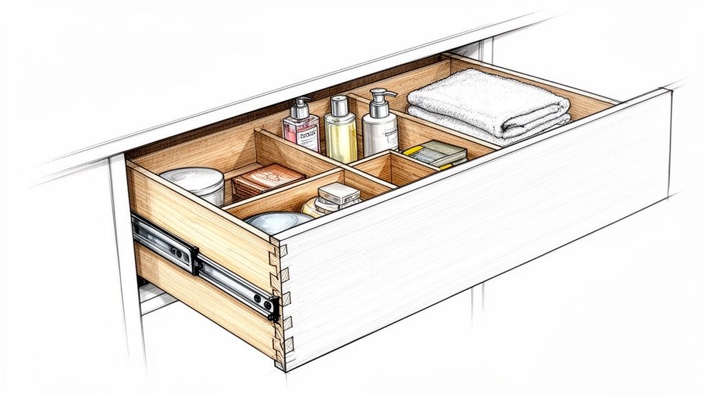Velorganiseret badeværelsesskuffe med træopdelere, fyldt med toiletartikler og et foldet hvidt håndklæde.