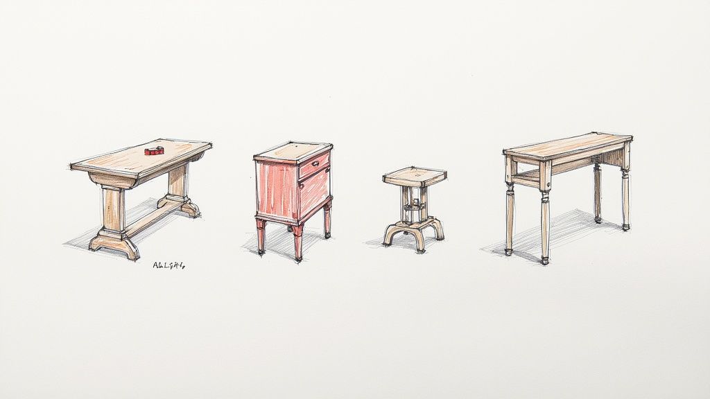 Fire håndtegnede skitser af forskellige træmøbler, herunder borde og et skab, på hvid baggrund.