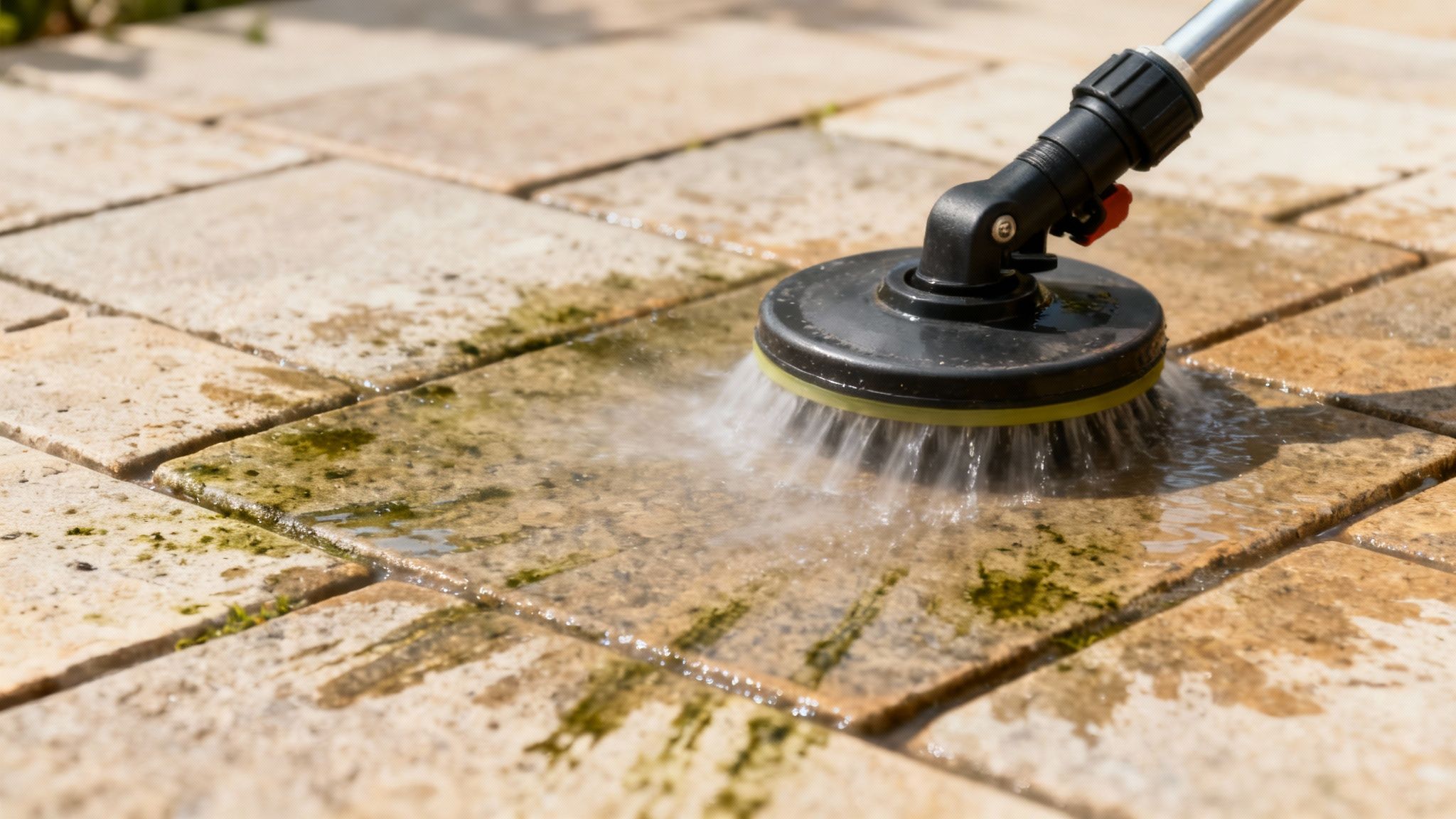 En højtryksrenser renser udendørs fliser for snavs og grønne belægninger på en solrig dag.