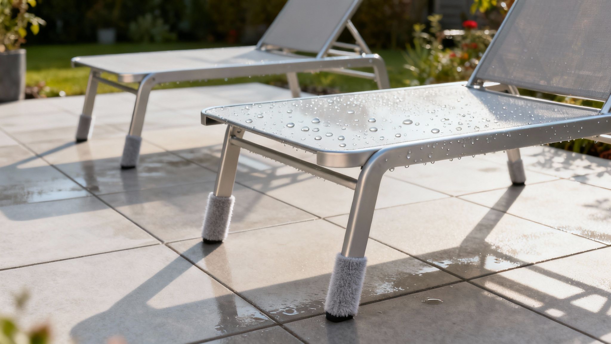 En ren og velholdt terrasse med pæne fliser og havemøbler med filtpuder under benene.