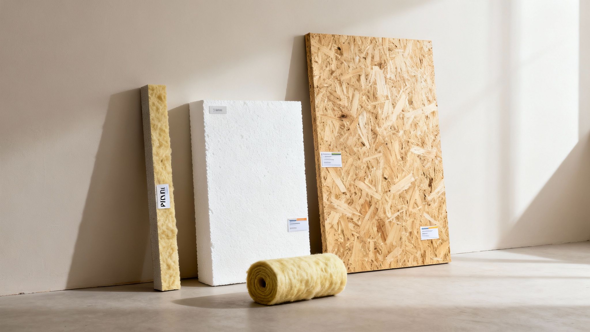 En stak forskellige typer isoleringsplader ligger klar til brug på en byggeplads