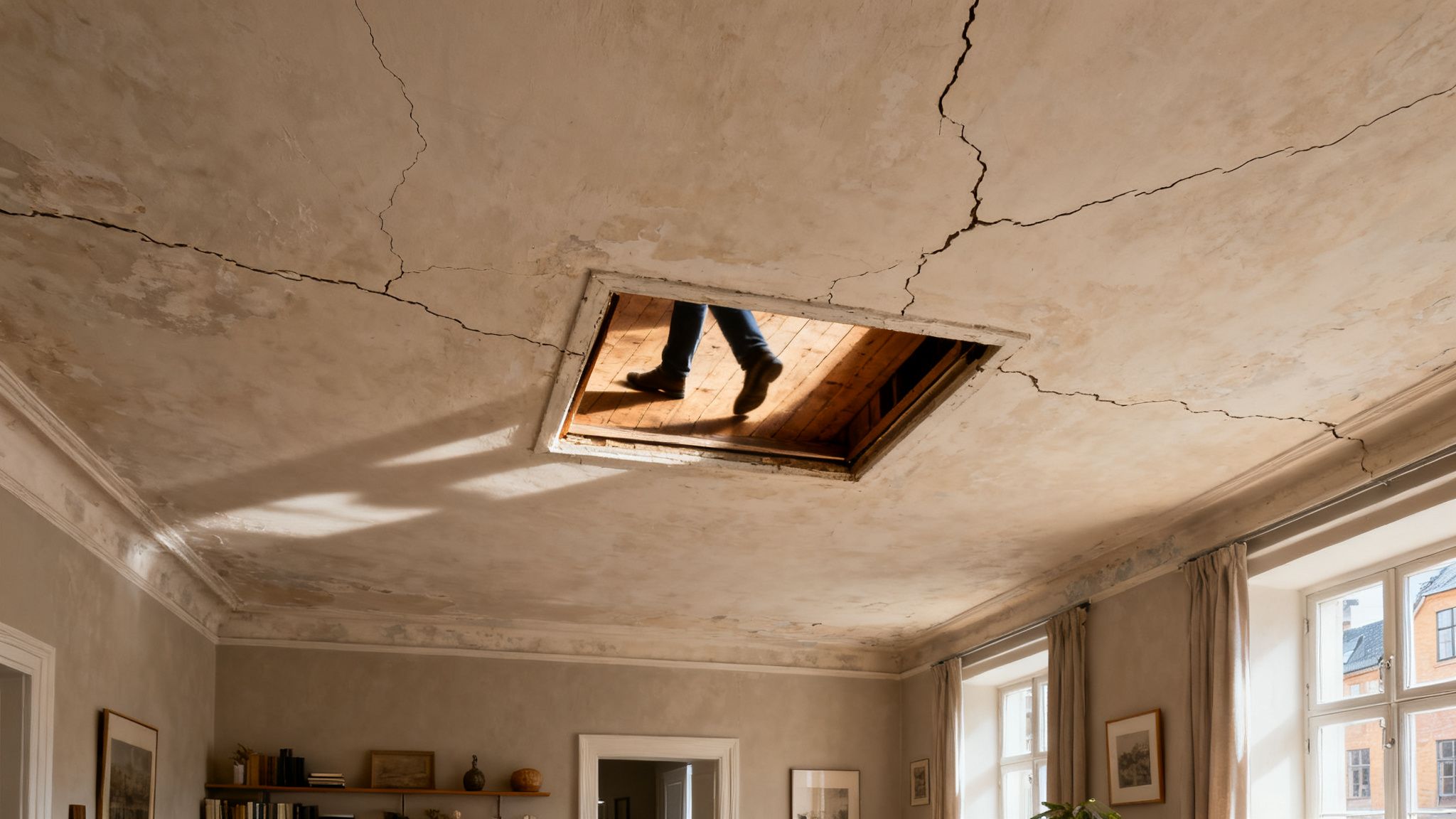 Et skadet loft med tydelige revner og en åbning, hvor en person går på et trægulv.