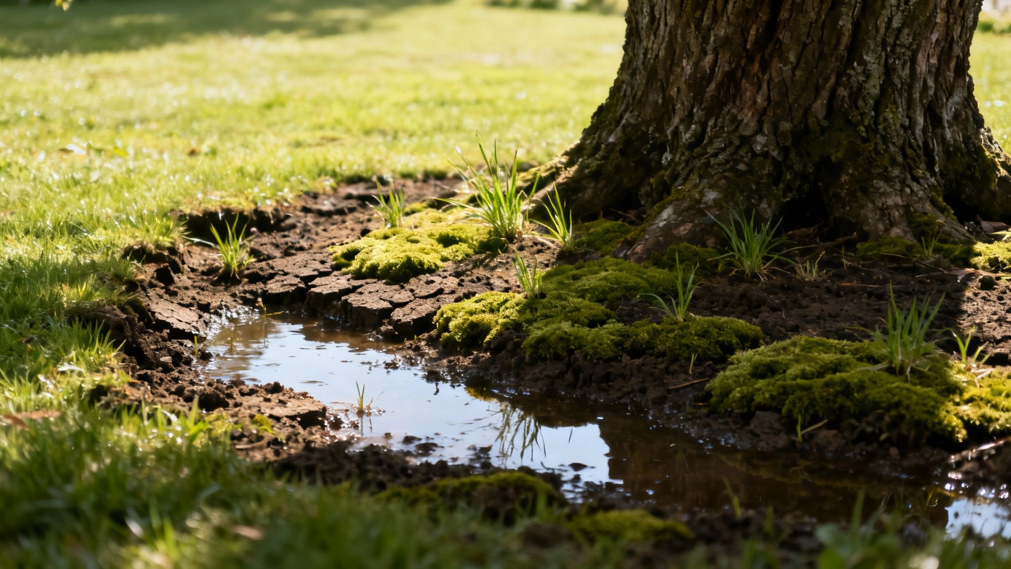 En pøl af vand og grøn mos ved foden af en træstamme på en solrig græsplæne.