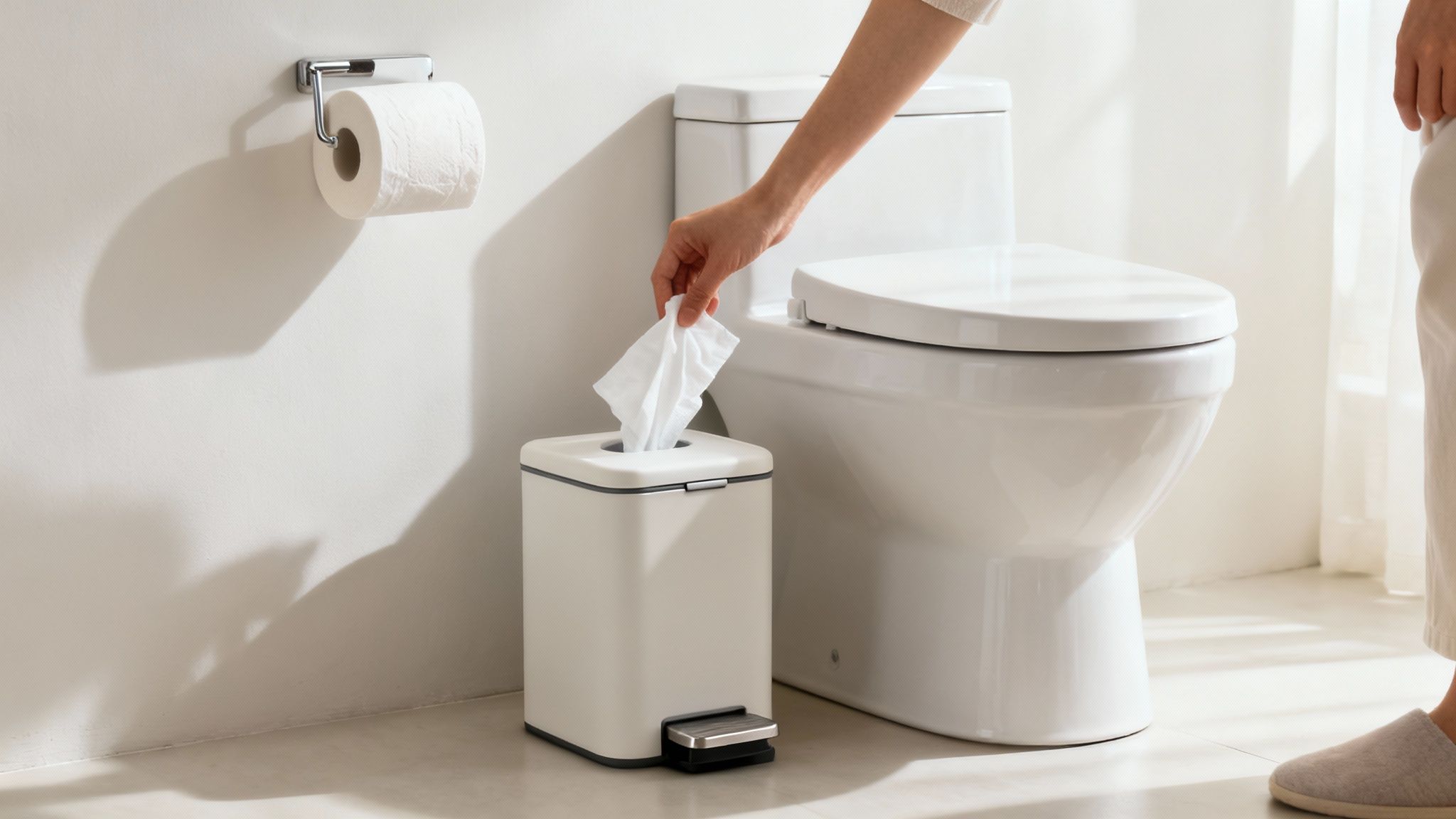 En hånd smider brugt papir i en lille beige skraldespand i et rent badeværelse ved siden af et hvidt toilet.