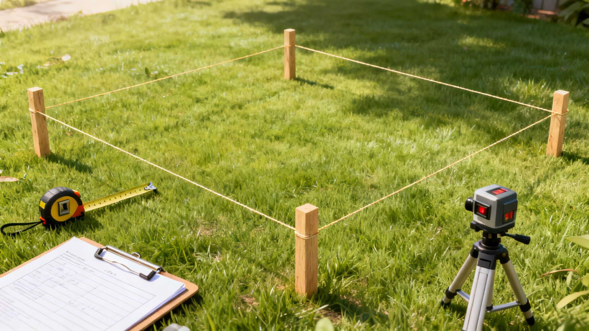 Græsplæne med fire træpæle forbundet med snor, målebånd, udskrift og laserniveau til byggeforberedelse.